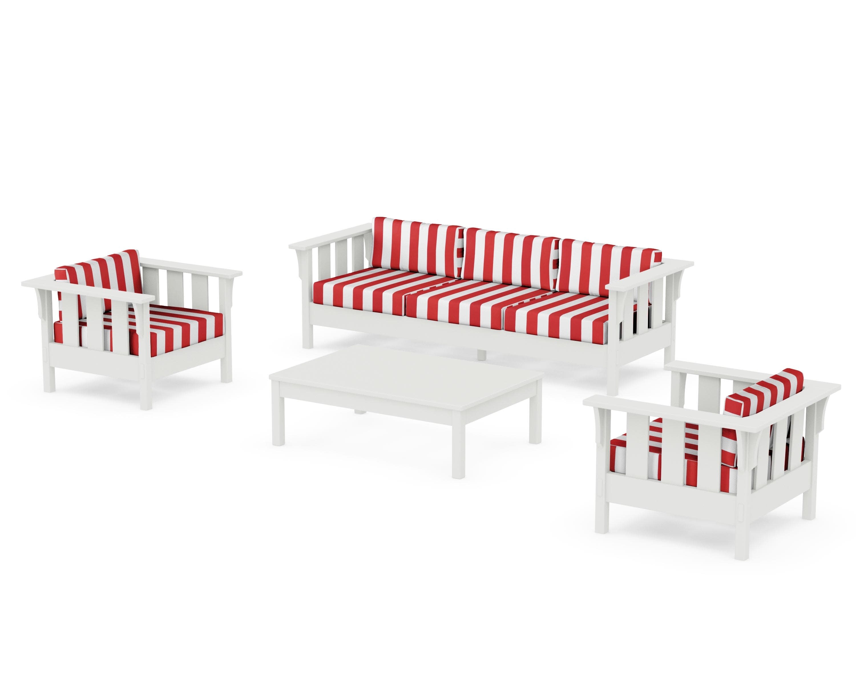 Acadia 4-Piece Deep Seating Set with Sofa in Vintage White / Cabana Stripe Crimson