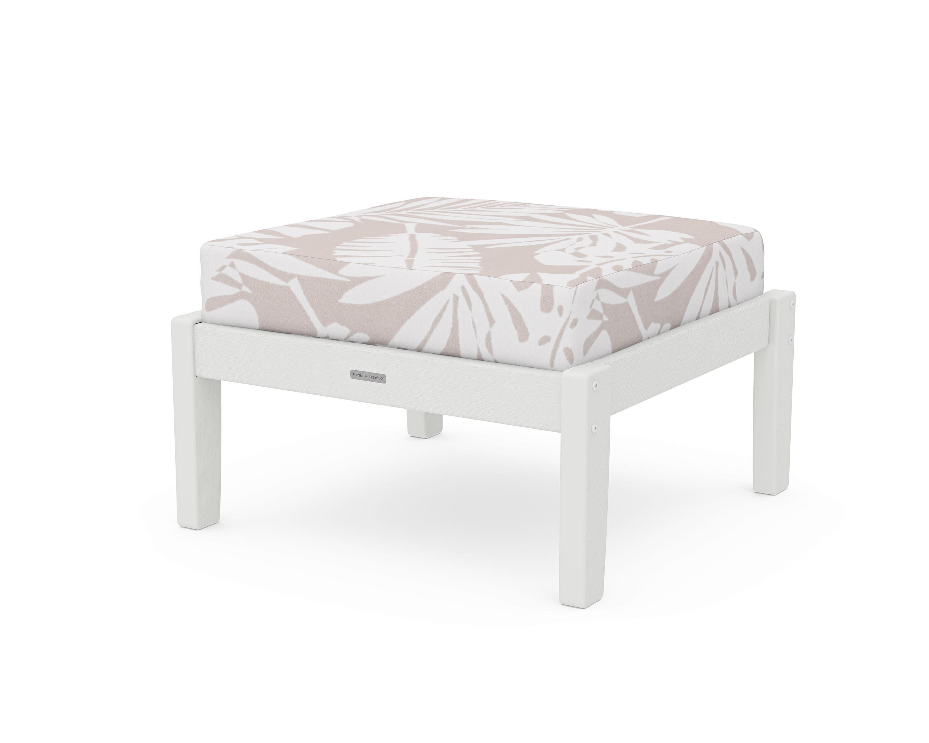 Chinoiserie Deep Seating Ottoman in Vintage White / Leaf Dune Burlap