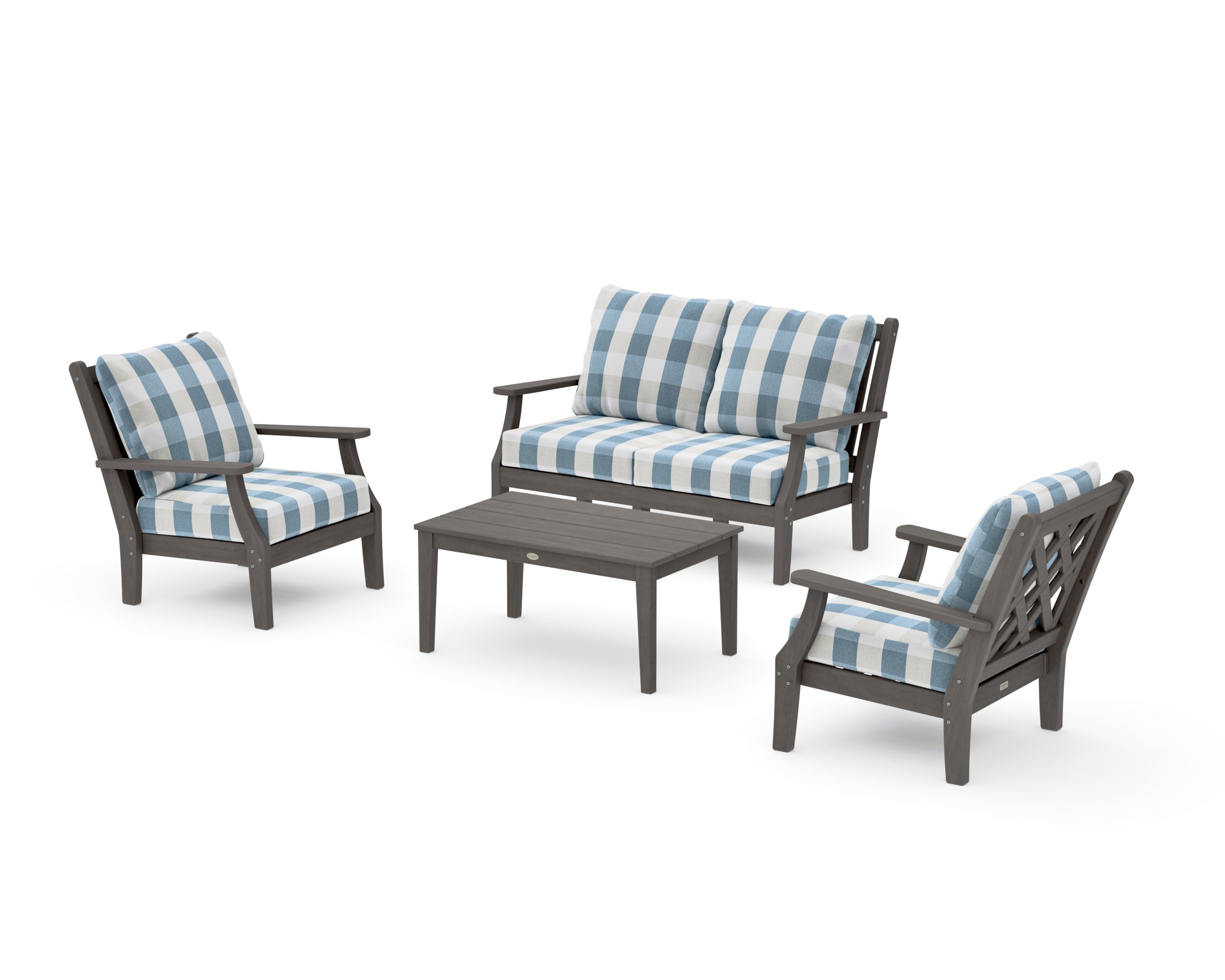 Wovendale 4-Piece Deep Seating Set with Loveseat in Driftwood / Buffalo Plaid Sky Blue