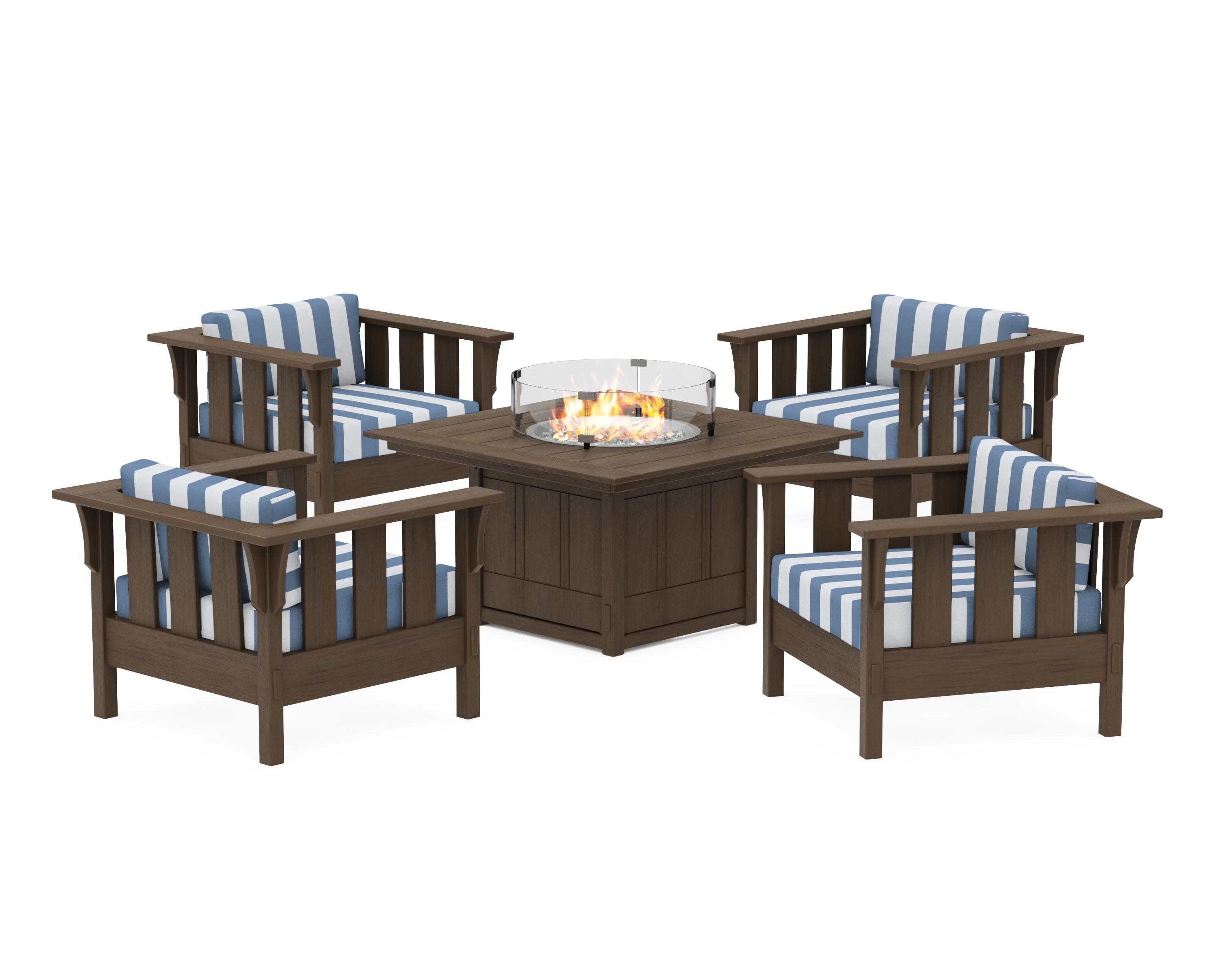 Acadia 5-Piece Deep Seating Set with Fire Pit Table in Kona / Cabana Stripe Sky Blue