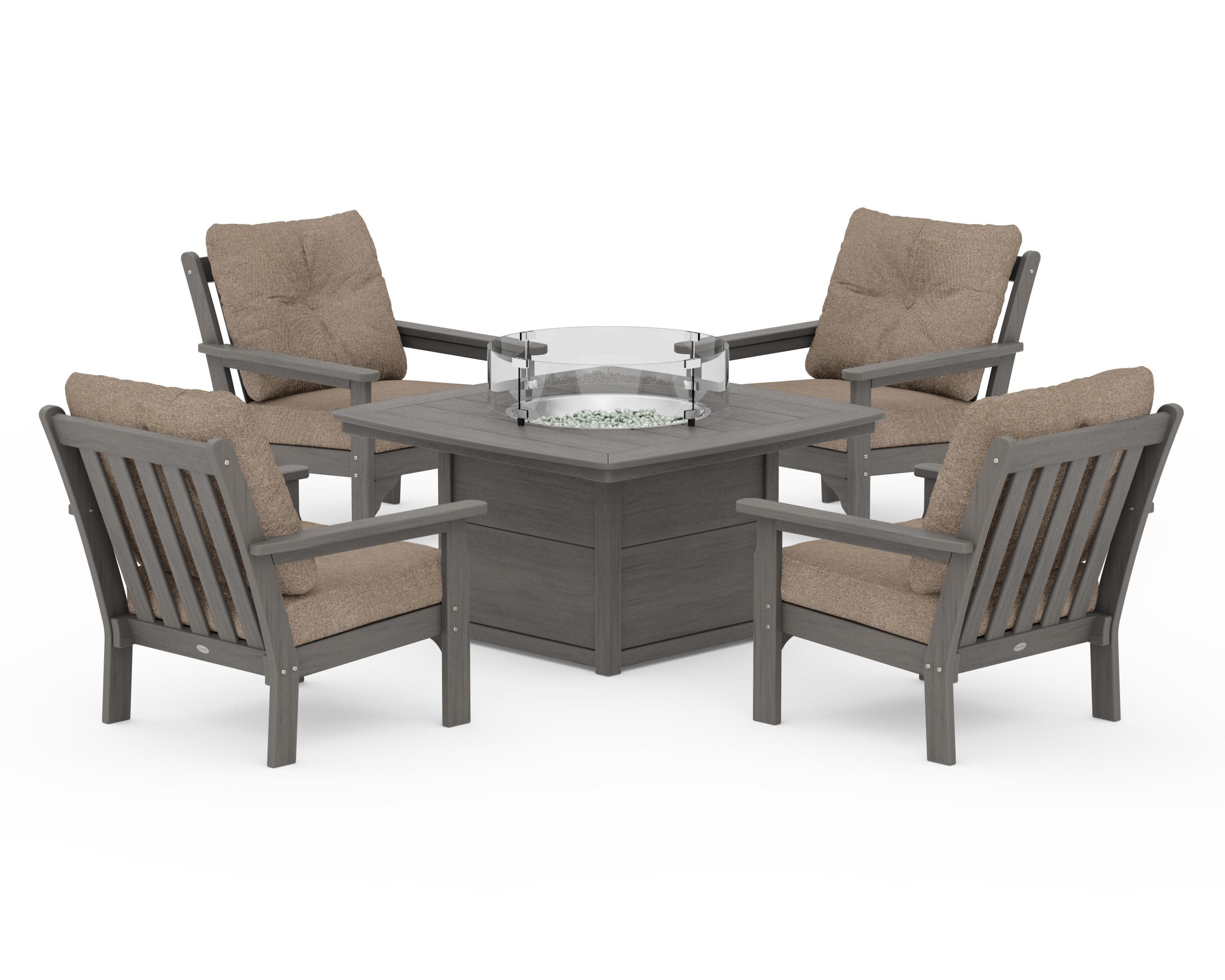 Vineyard 5-Piece Conversation Set with Fire Pit Table in Driftwood / Spiced Burlap