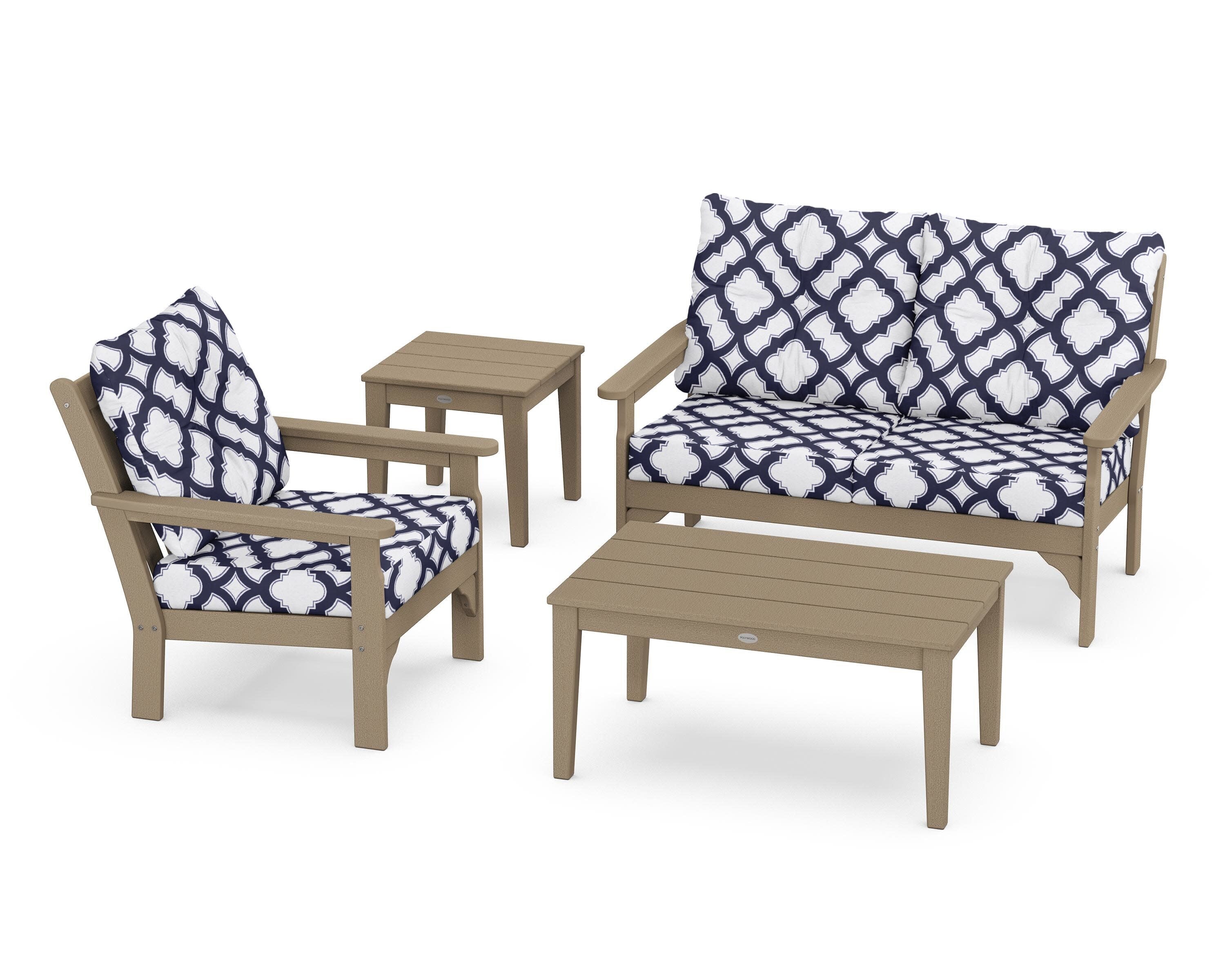 Vineyard 4-Piece Deep Seating Set in Vintage Sahara / Trellis Navy