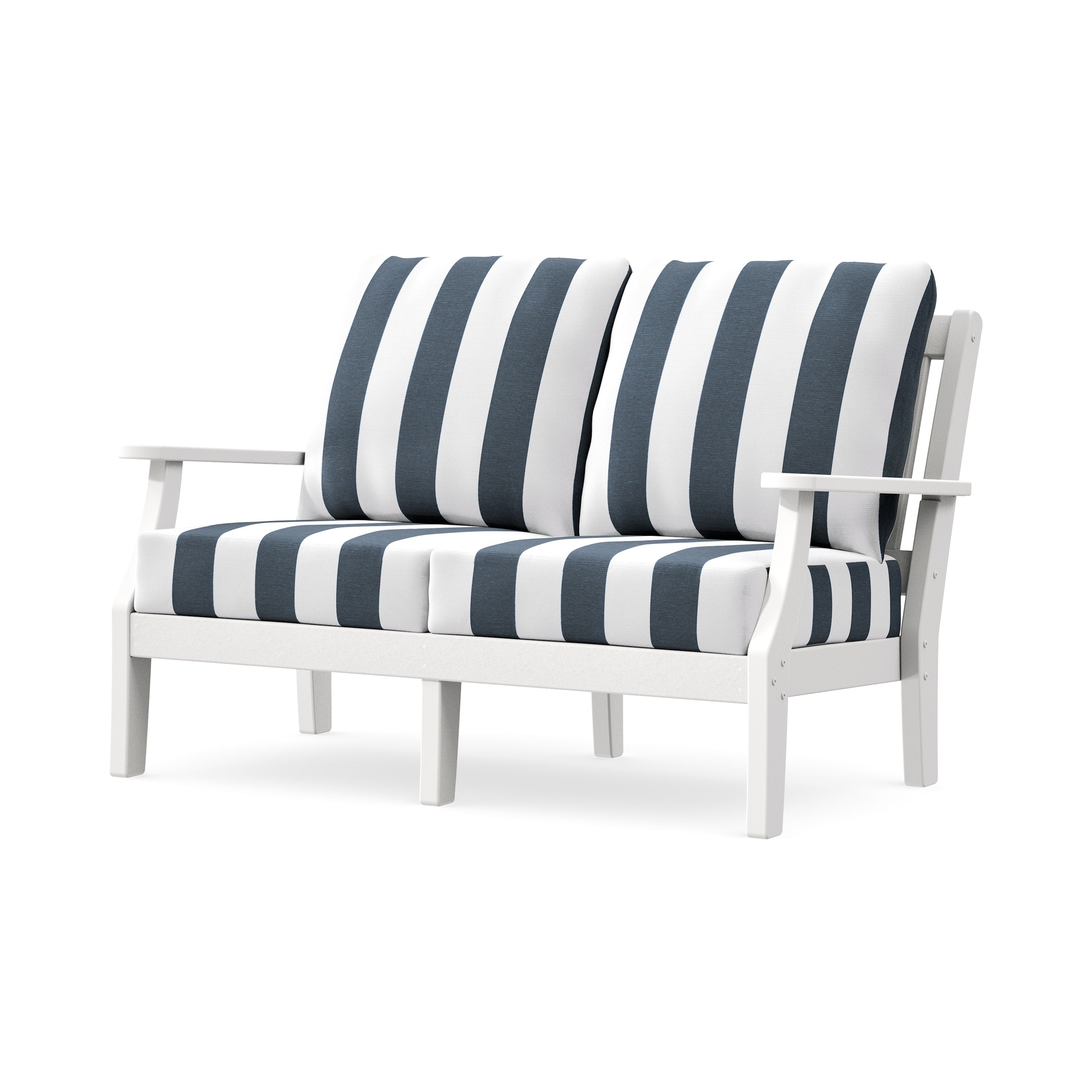 Chinoiserie Deep Seating Loveseat in White / Cabana Stripe Marine Indigo