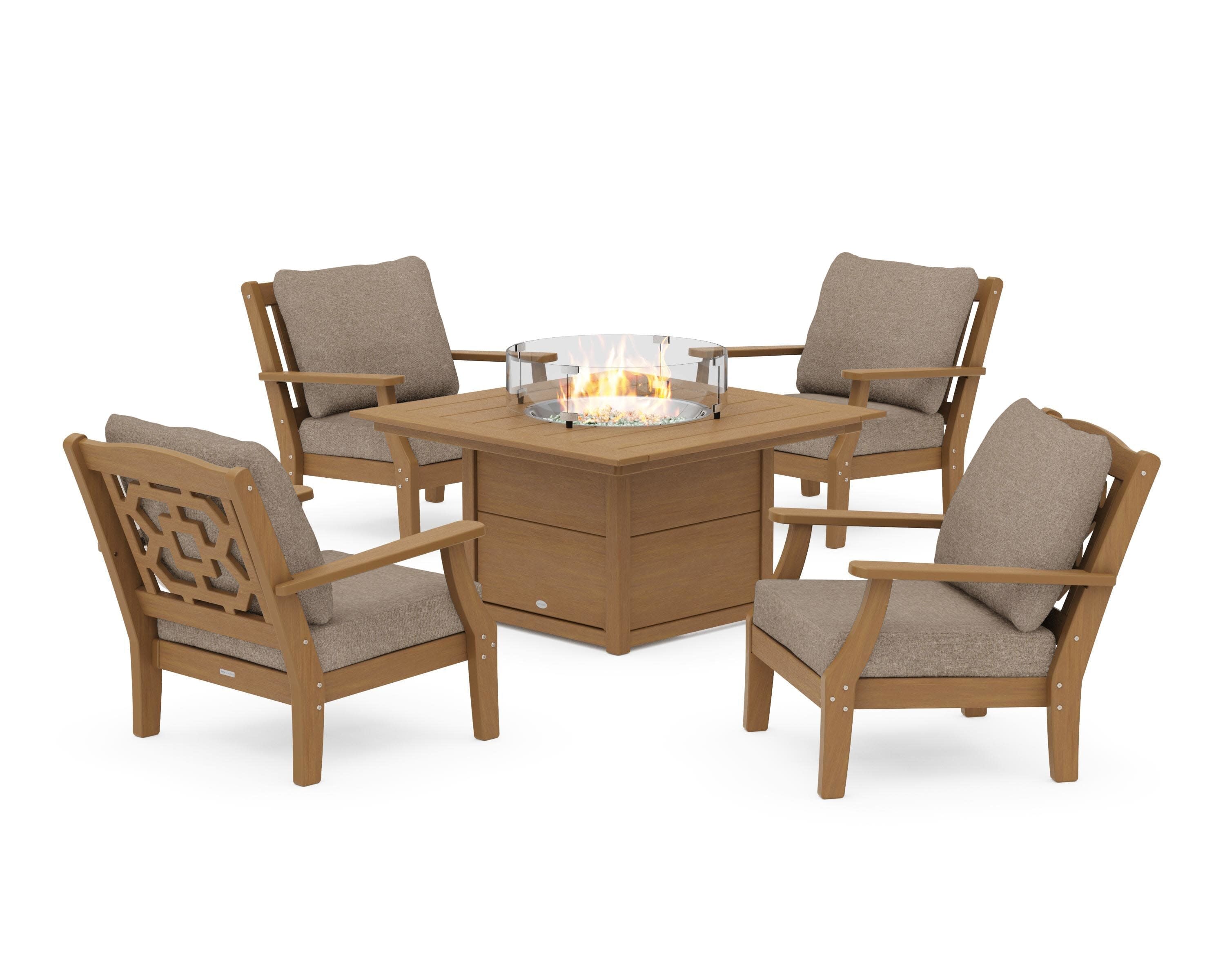 Chinoiserie 5-Piece Deep Seating Set with Fire Pit Table in Natural / Spiced Burlap