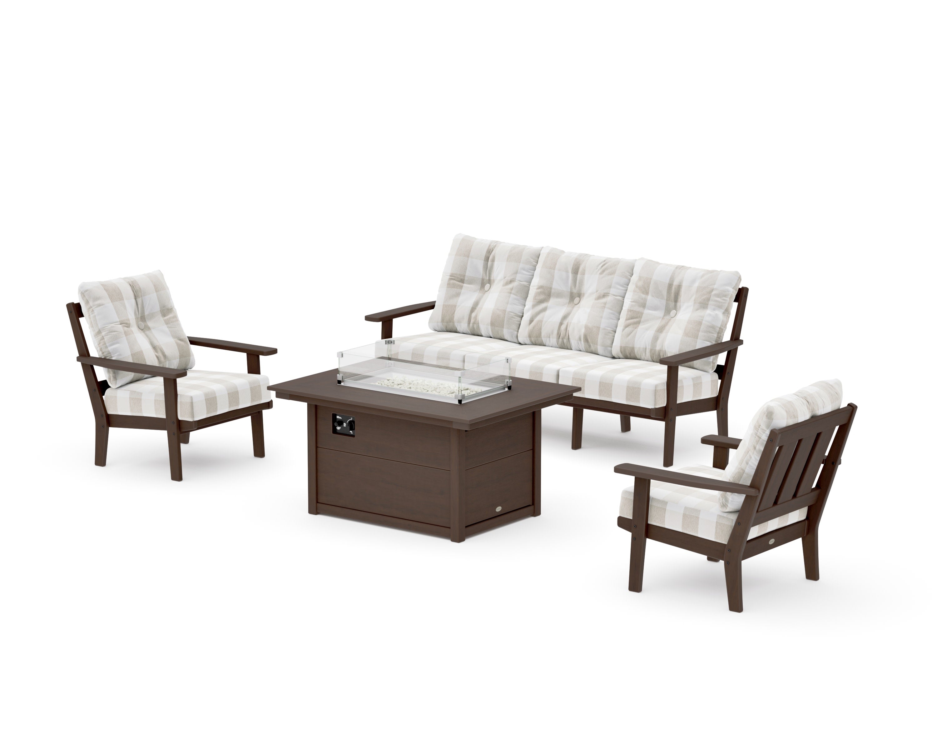 Oxford Deep Seating Fire Pit Table Set in Kona / Buffalo Plaid Dune Burlap