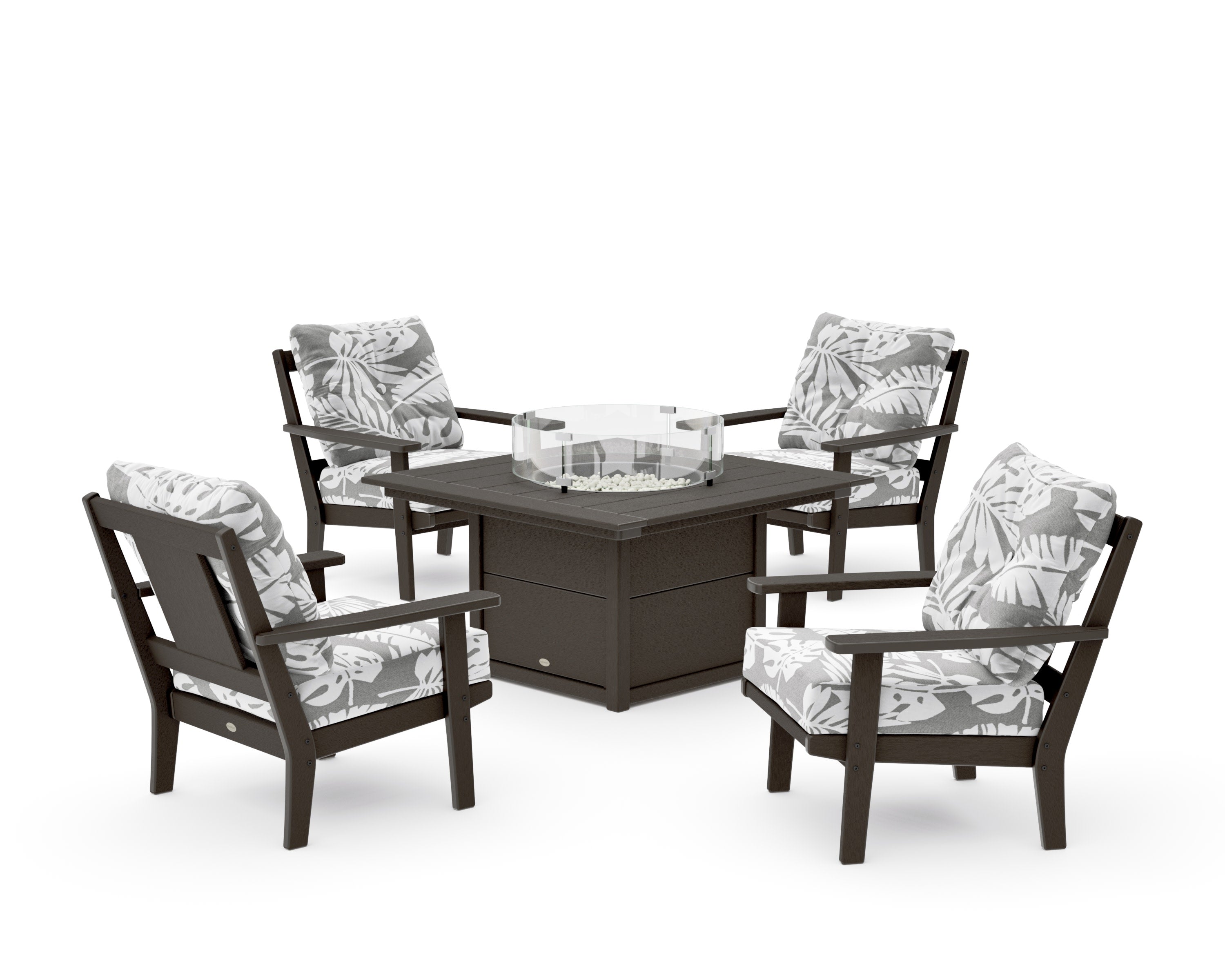Prairie 5-Piece Deep Seating Set with Fire Pit Table in Vintage Coffee / Leaf Grey Mist