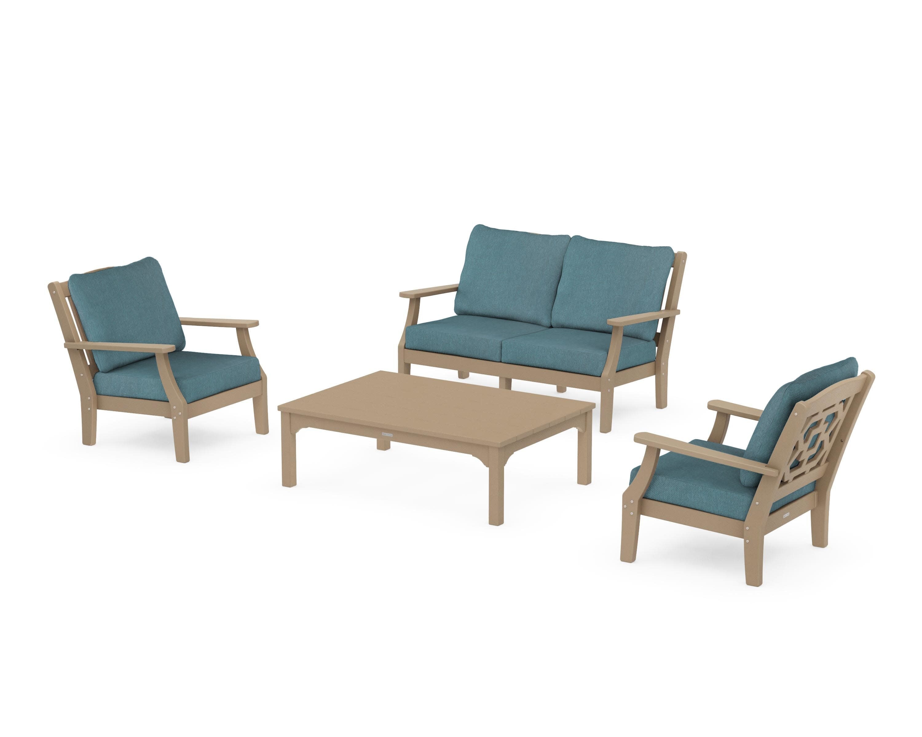 Chinoiserie 4-Piece Deep Seating Set with Loveseat in Vintage Sahara / Ocean Teal