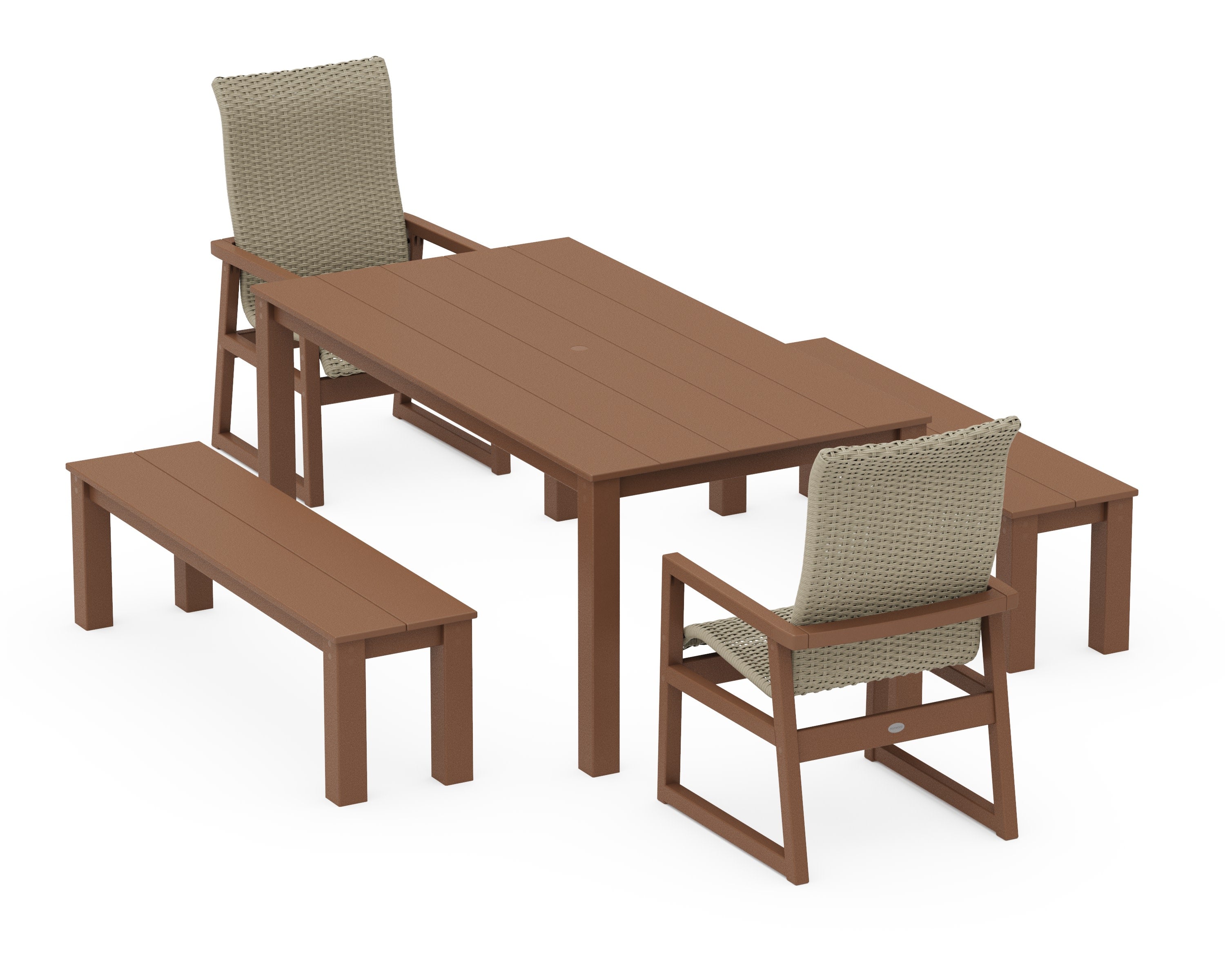 EDGE Woven Highback 5-Piece Parsons Dining Set with Benches in Teak / Dune Grass