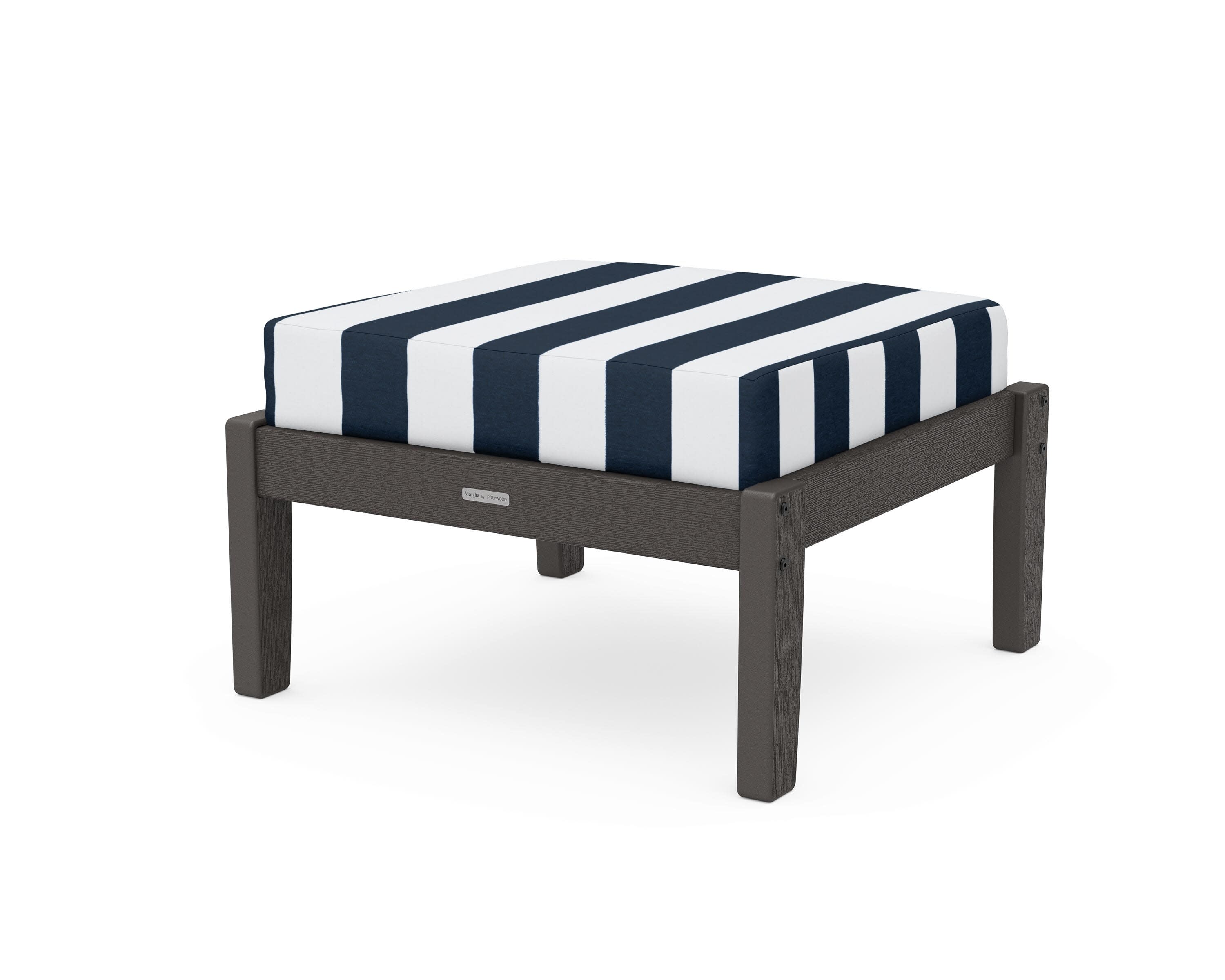 Chinoiserie Deep Seating Ottoman in Vintage Coffee / Cabana Stripe Marine Indigo
