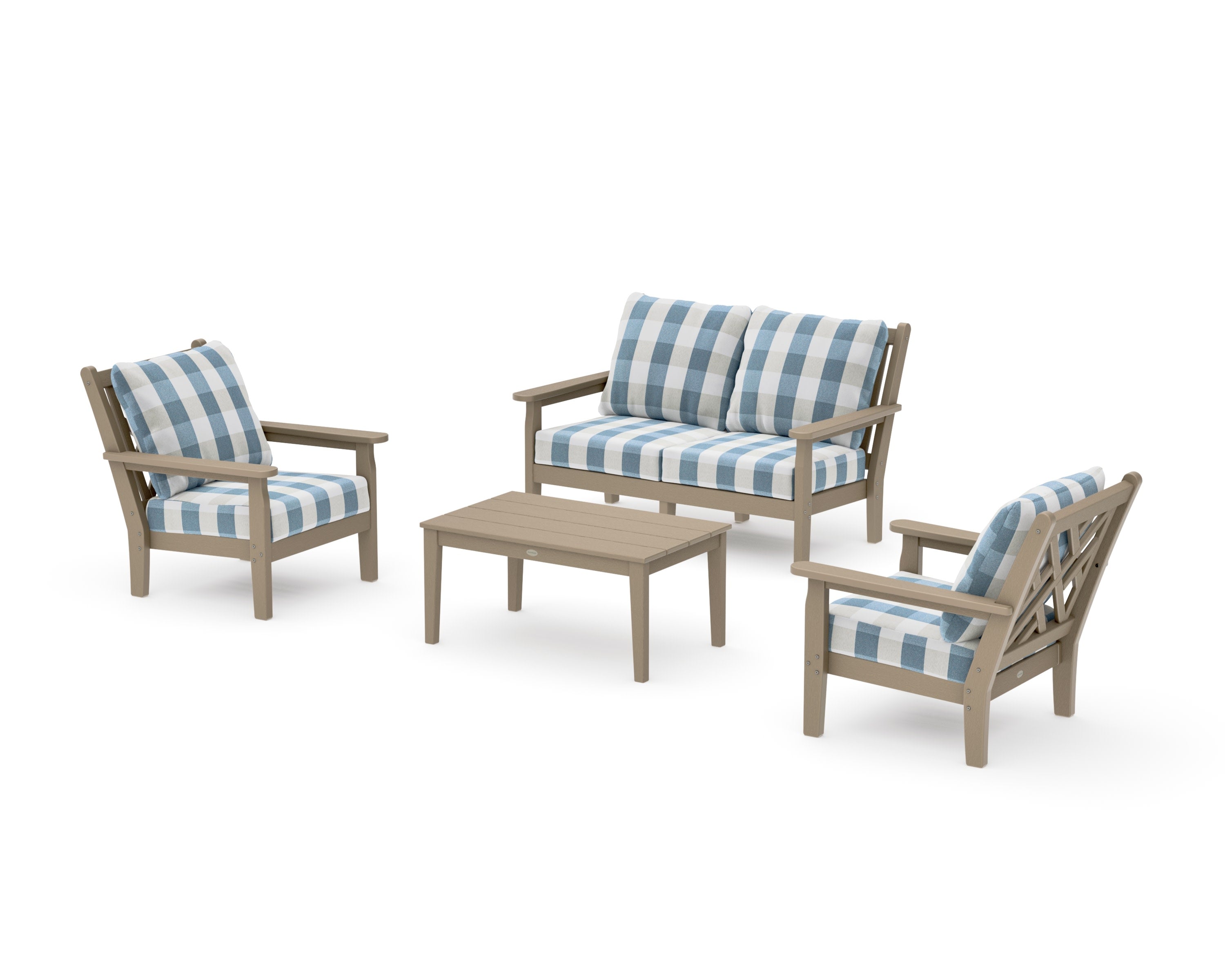 Chippendale 4-Piece Deep Seating Set with Loveseat in Vintage Sahara / Buffalo Plaid Sky Blue