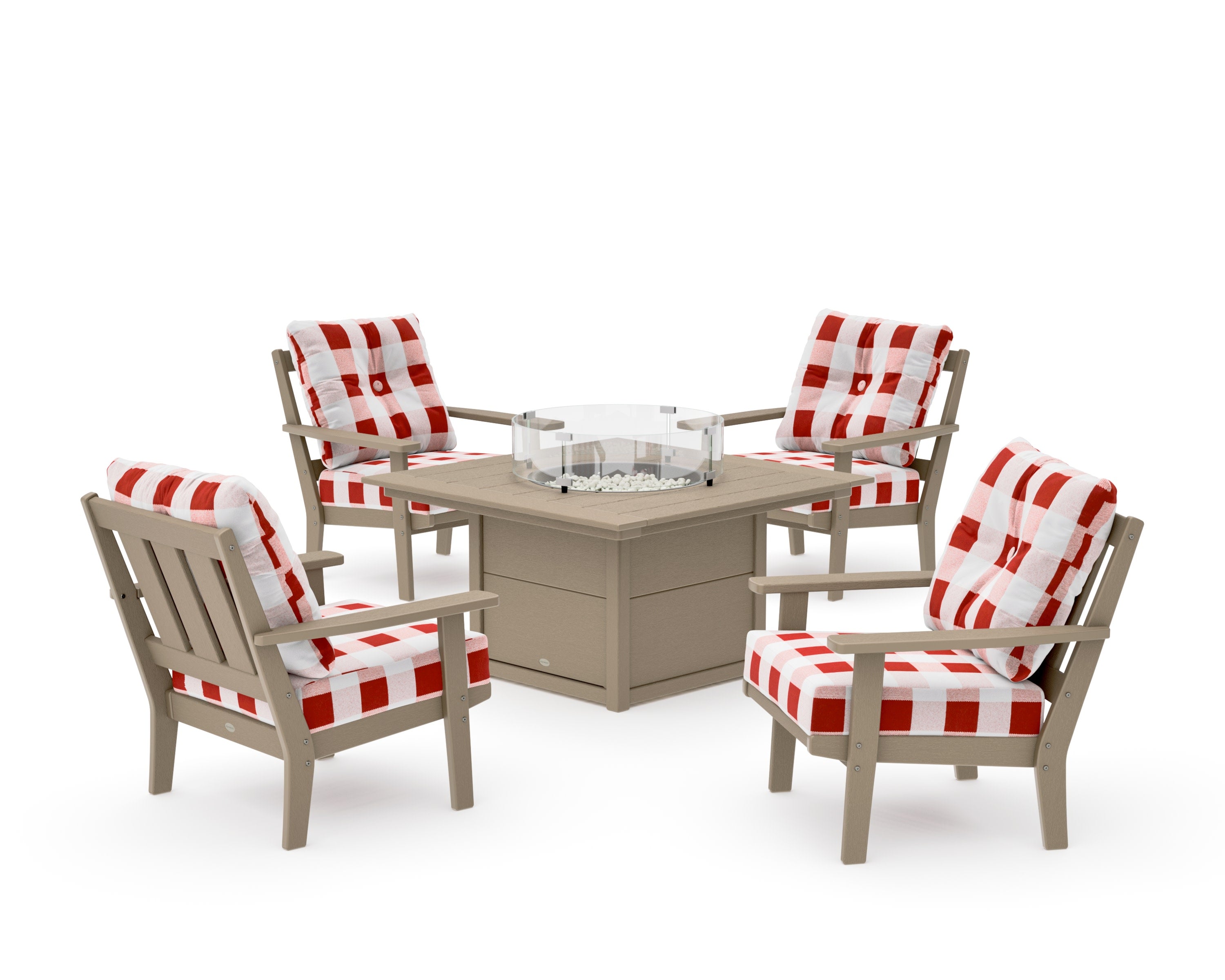 Oxford 5-Piece Deep Seating Set with Fire Pit Table in Vintage Sahara / Buffalo Plaid Crimson