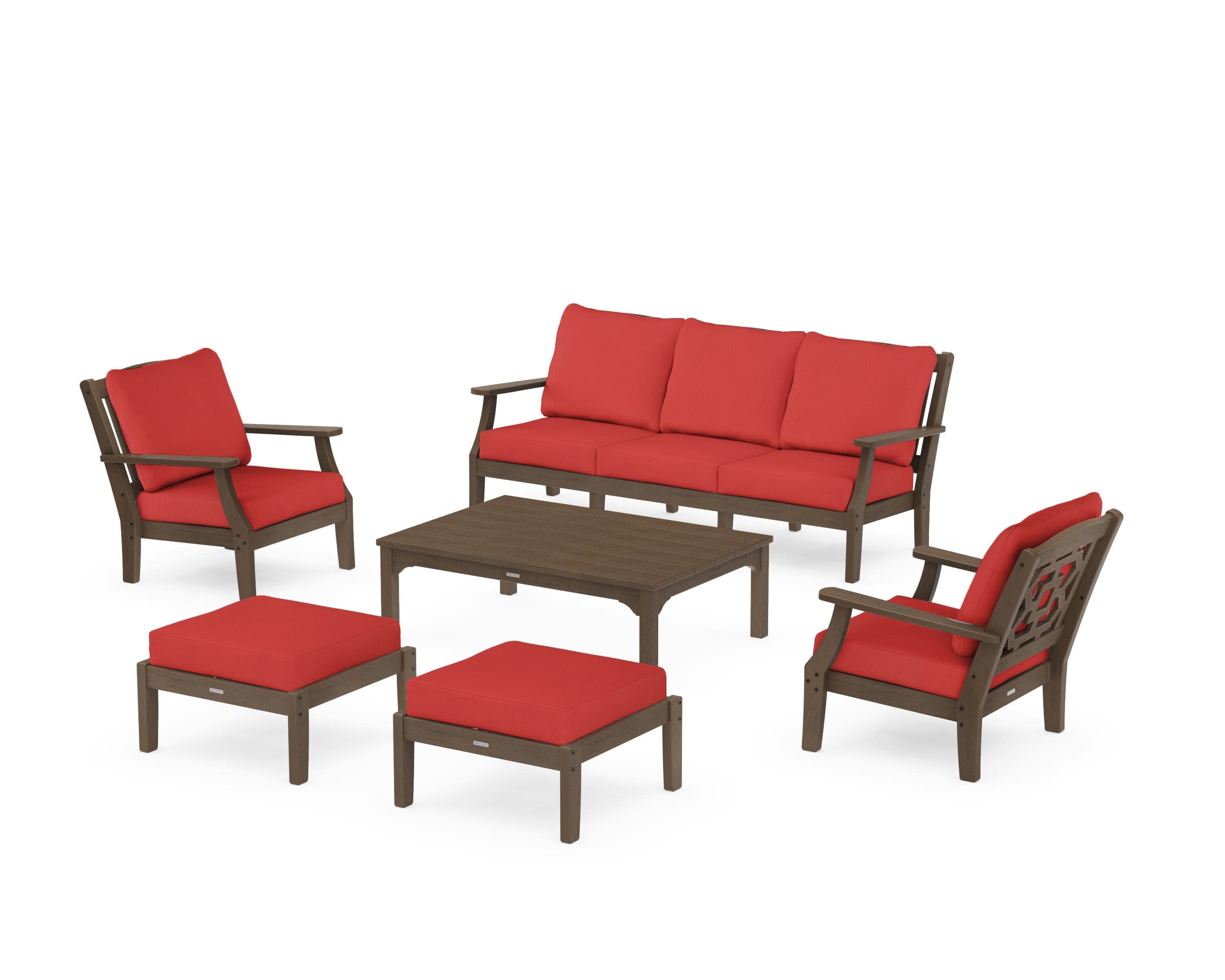 Chinoiserie 6-Piece Lounge Sofa Set in Kona / Crimson Linen