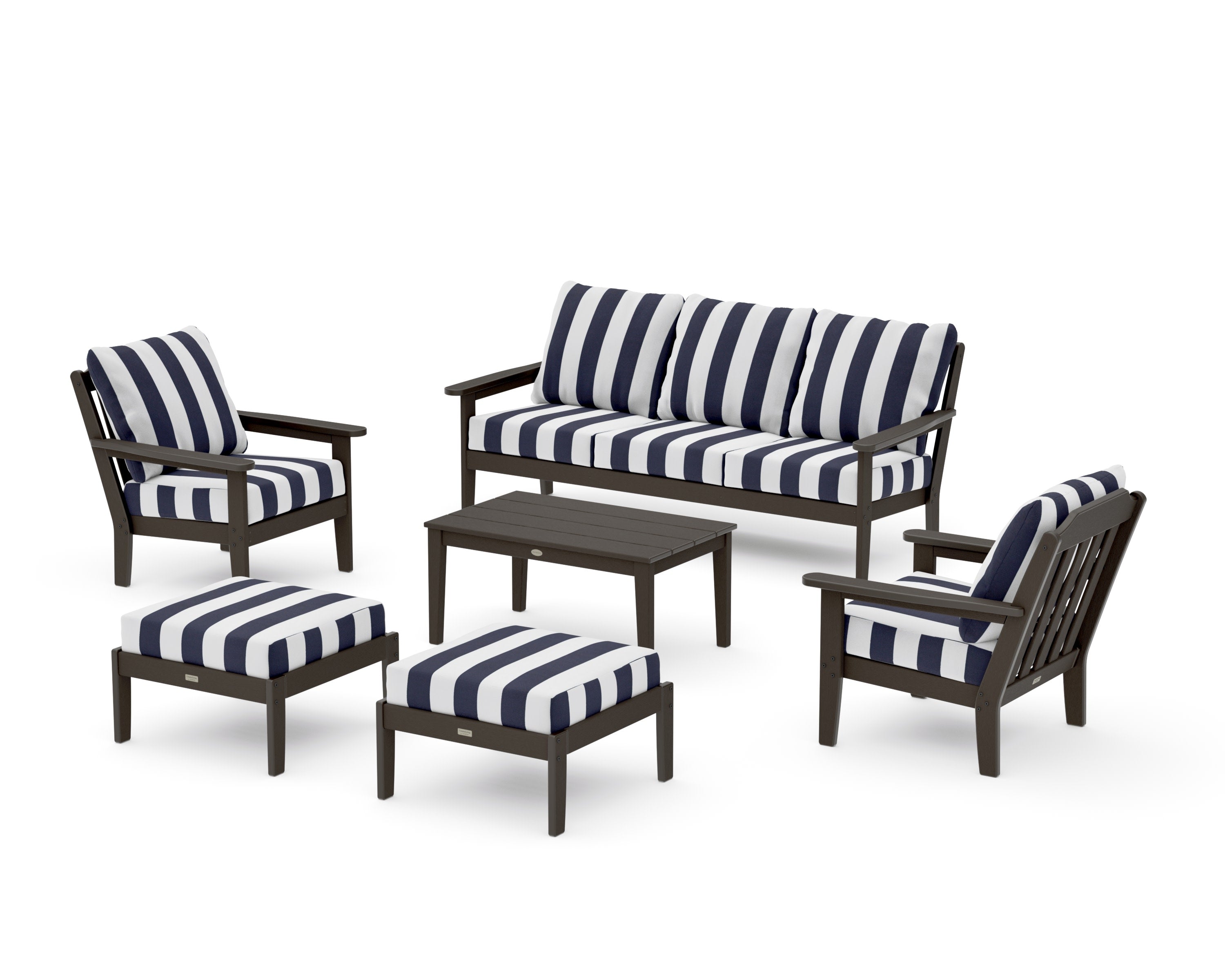 Cottage 6-Piece Lounge Sofa Set in Vintage Coffee / Cabana Stripe Navy
