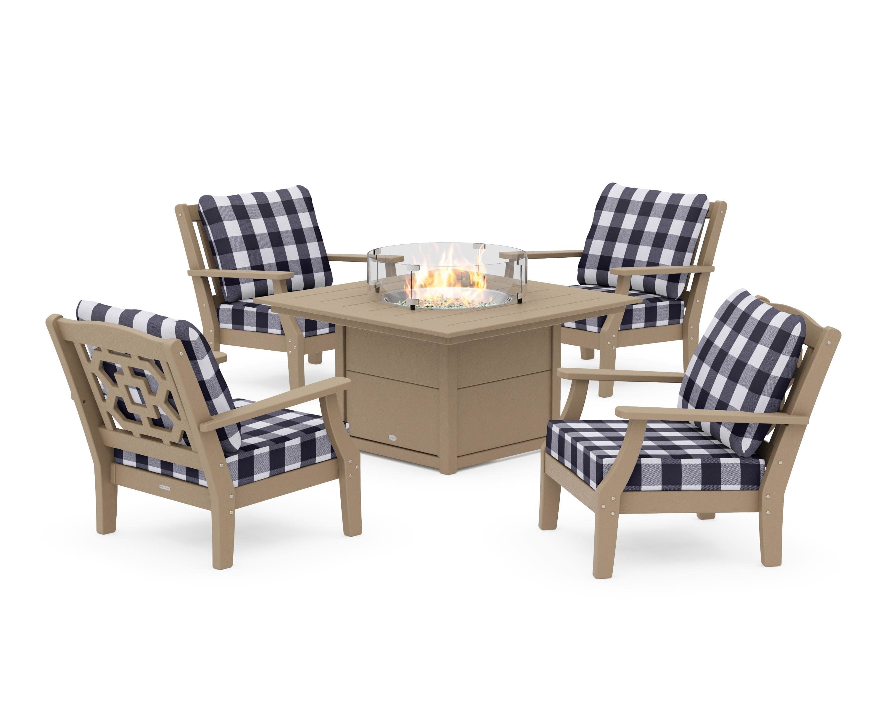 Chinoiserie 5-Piece Deep Seating Set with Fire Pit Table in Vintage Sahara / Buffalo Plaid Navy
