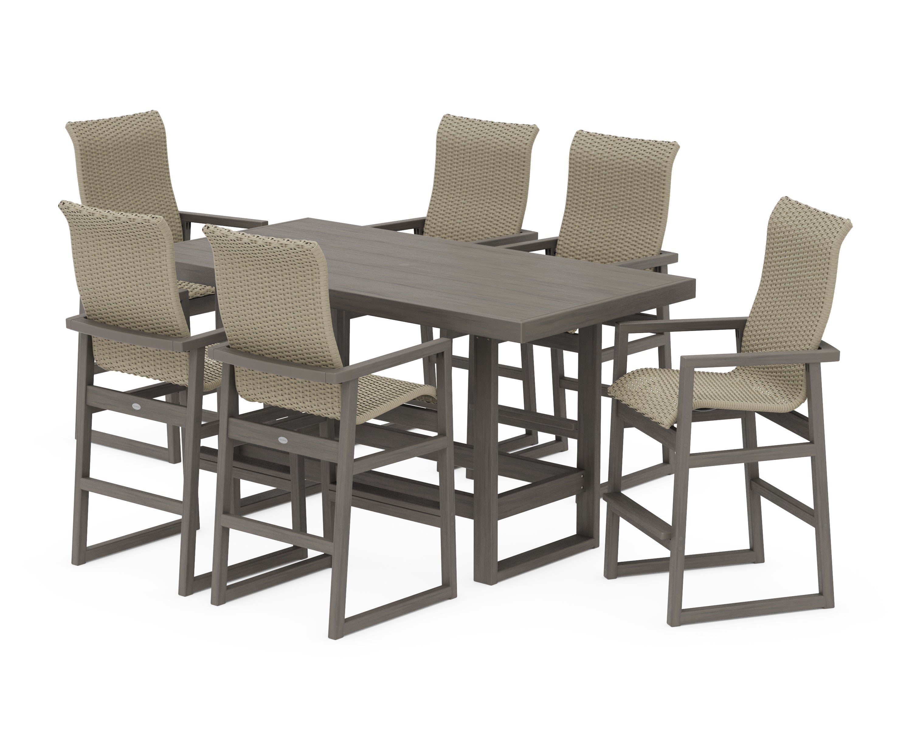 EDGE Woven Highback Arm Chair 7-Piece Bar Set in Driftwood / Dune Grass
