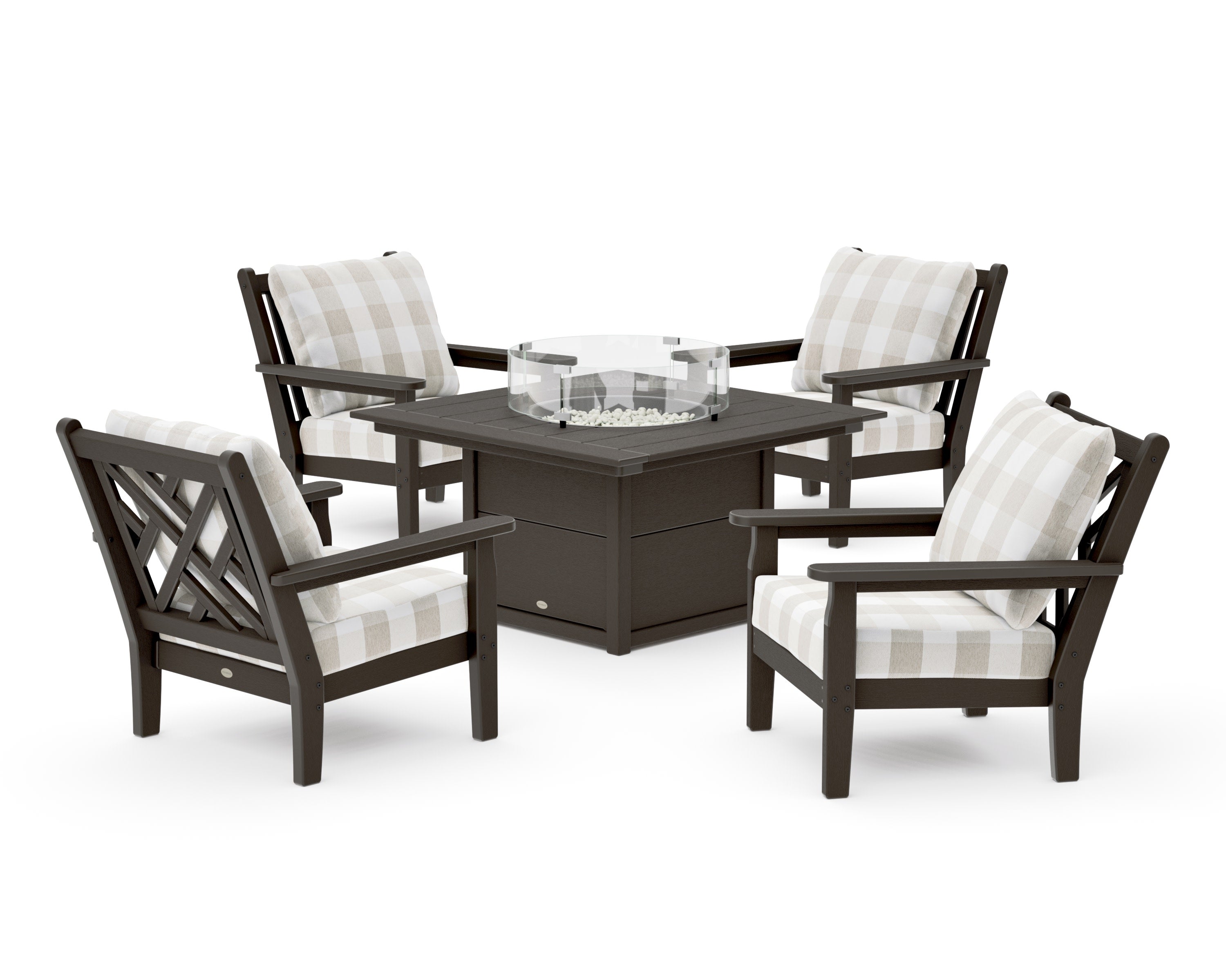 Chippendale 5-Piece Deep Seating Set with Fire Pit Table in Vintage Coffee / Buffalo Plaid Dune Burlap