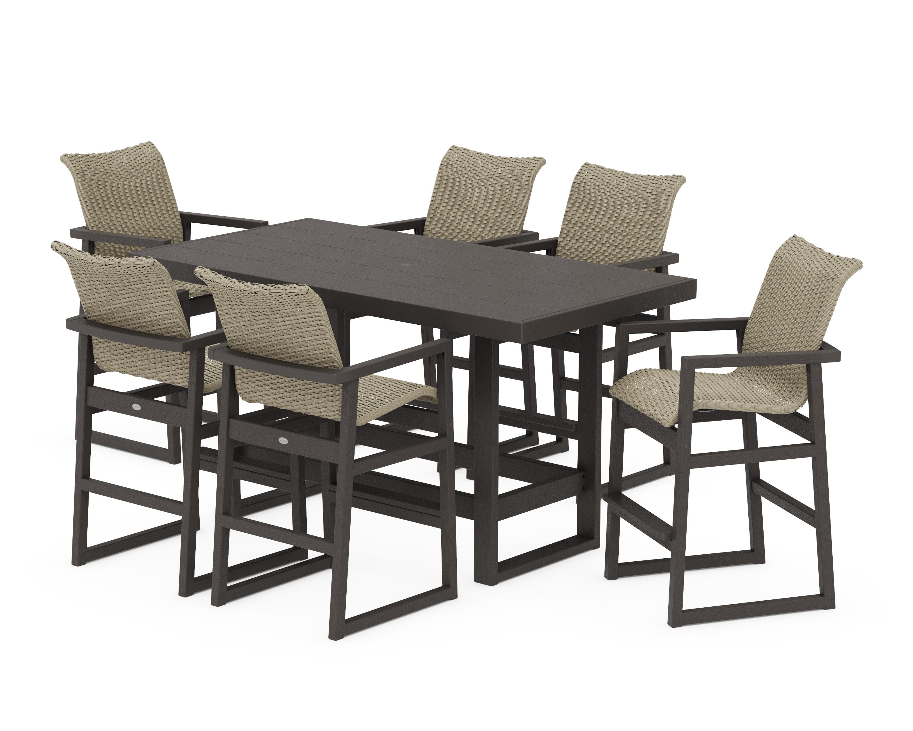 EDGE Woven Arm Chair 7-Piece Bar Set in Vintage Coffee / Dune Grass