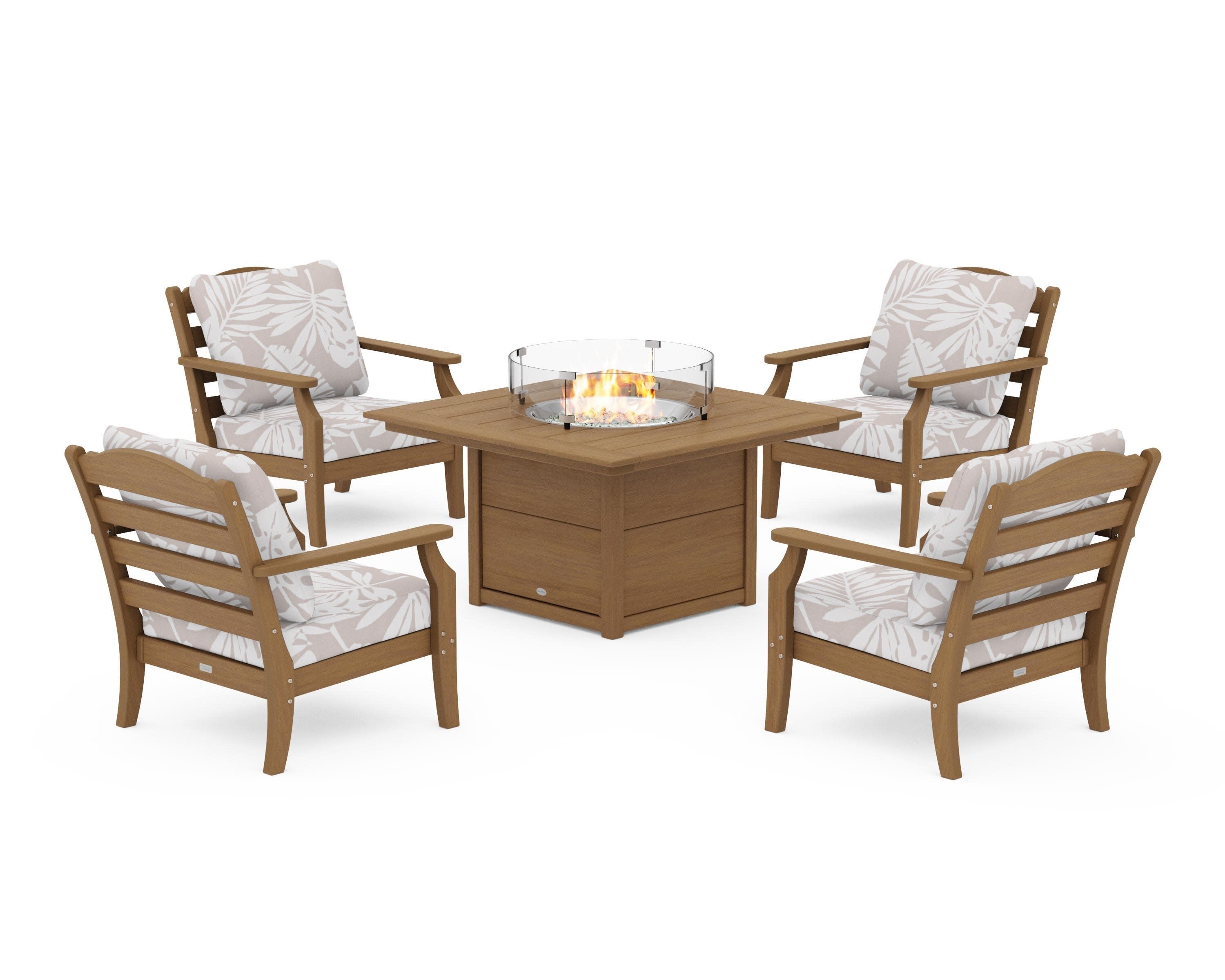 Savannah 5-Piece Deep Seating Set with Fire Pit Table in Natural / Leaf Dune Burlap