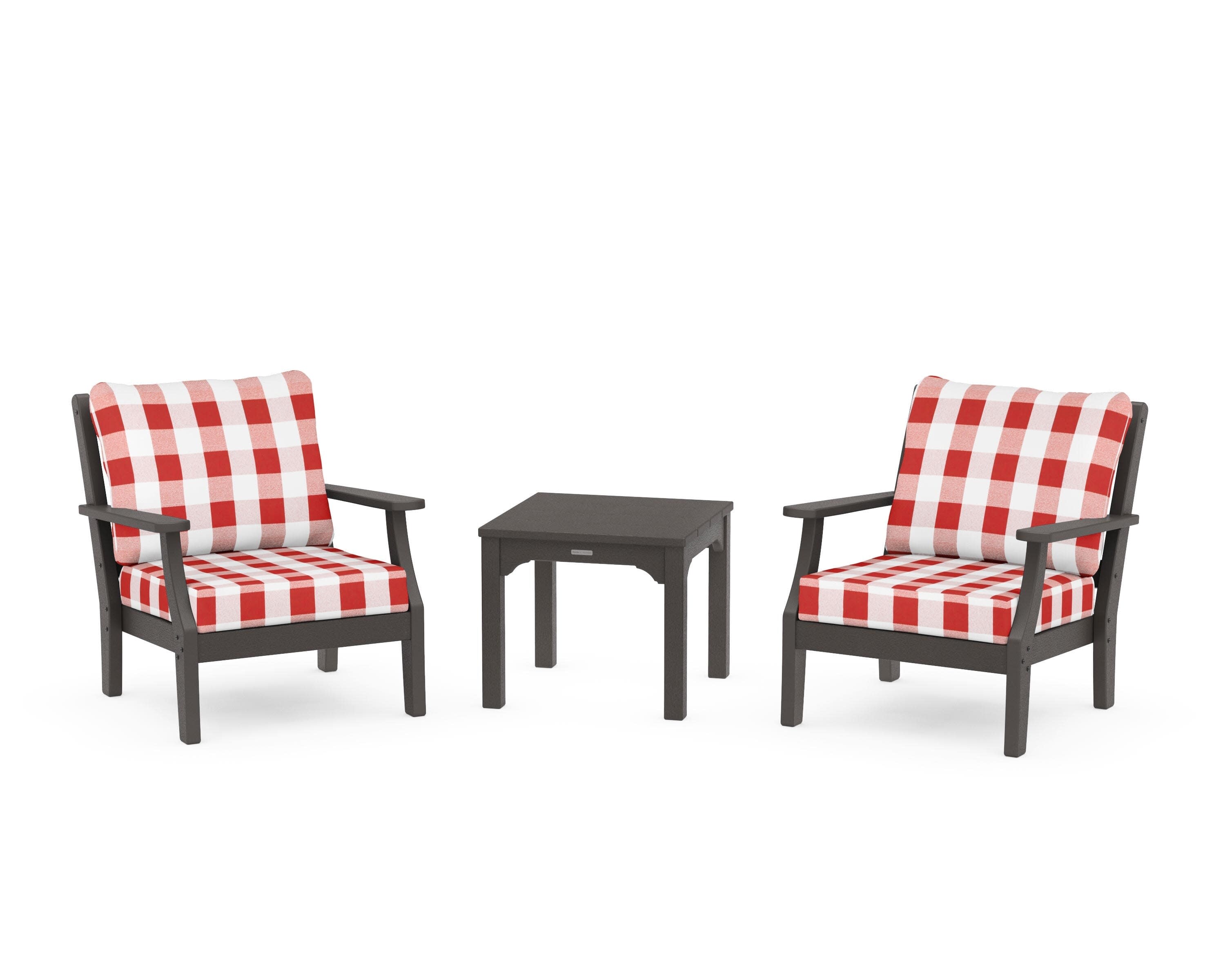 Chinoiserie 3-Piece Deep Seating Set in Vintage Coffee / Buffalo Plaid Crimson