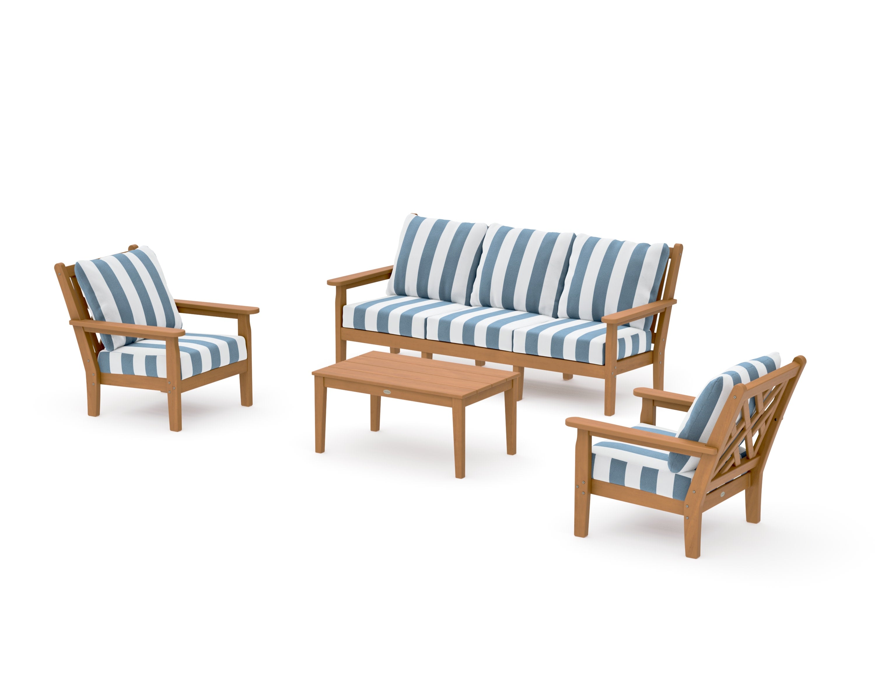 Chippendale 4-Piece Deep Seating Set with Sofa in Natural / Cabana Stripe Sky Blue