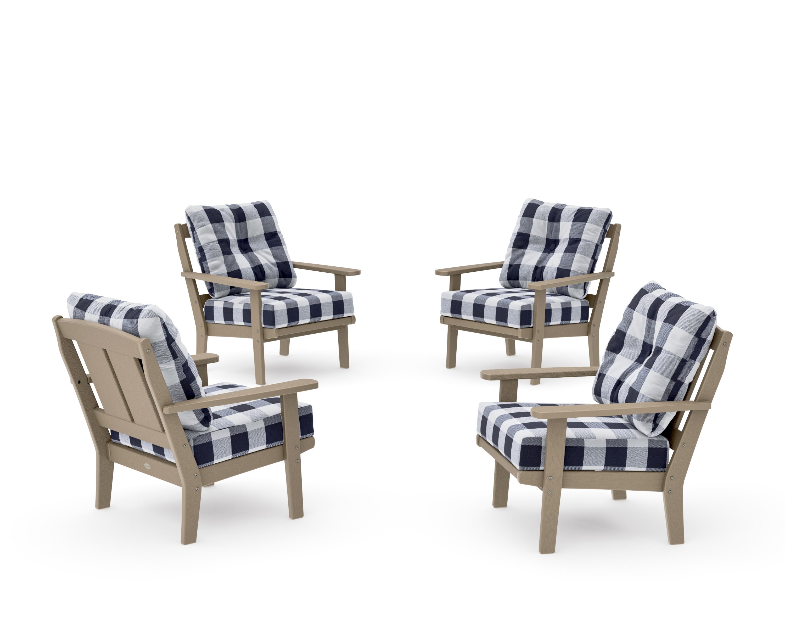 Mission 5-Piece Deep Seating Set with Fire Pit Table in Vintage Sahara / Buffalo Plaid Navy