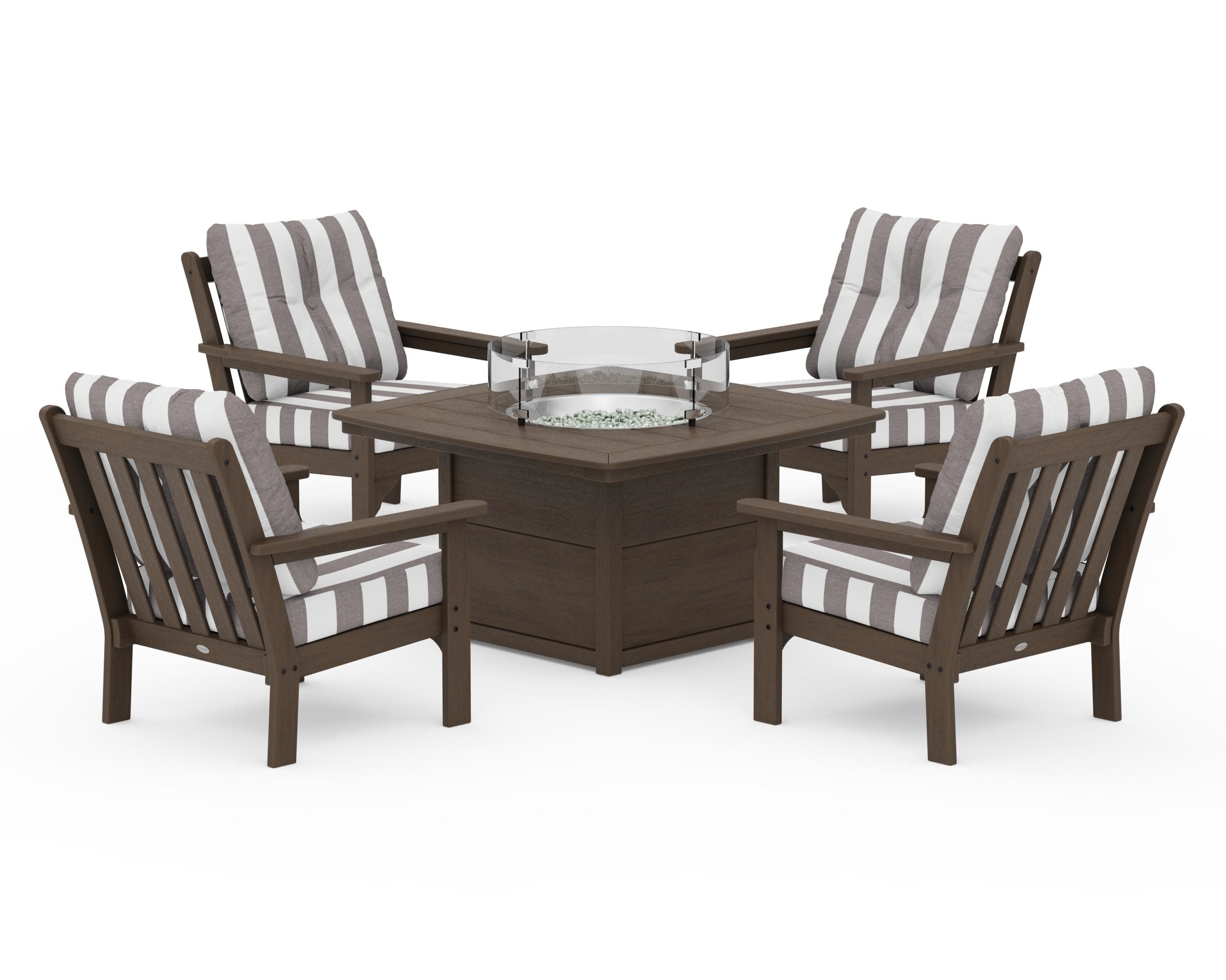 Vineyard 5-Piece Conversation Set with Fire Pit Table in Kona / Cabana Stripe Grey Mist