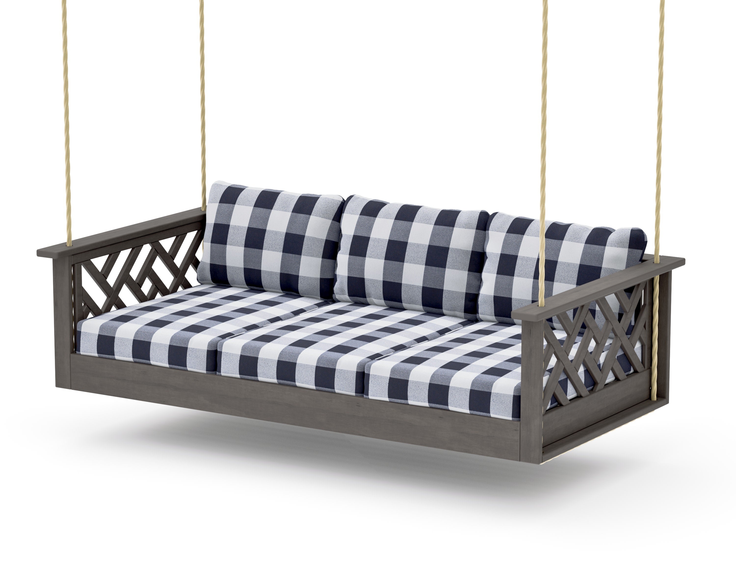 Chippendale Daybed Swing in Driftwood / Buffalo Plaid Navy