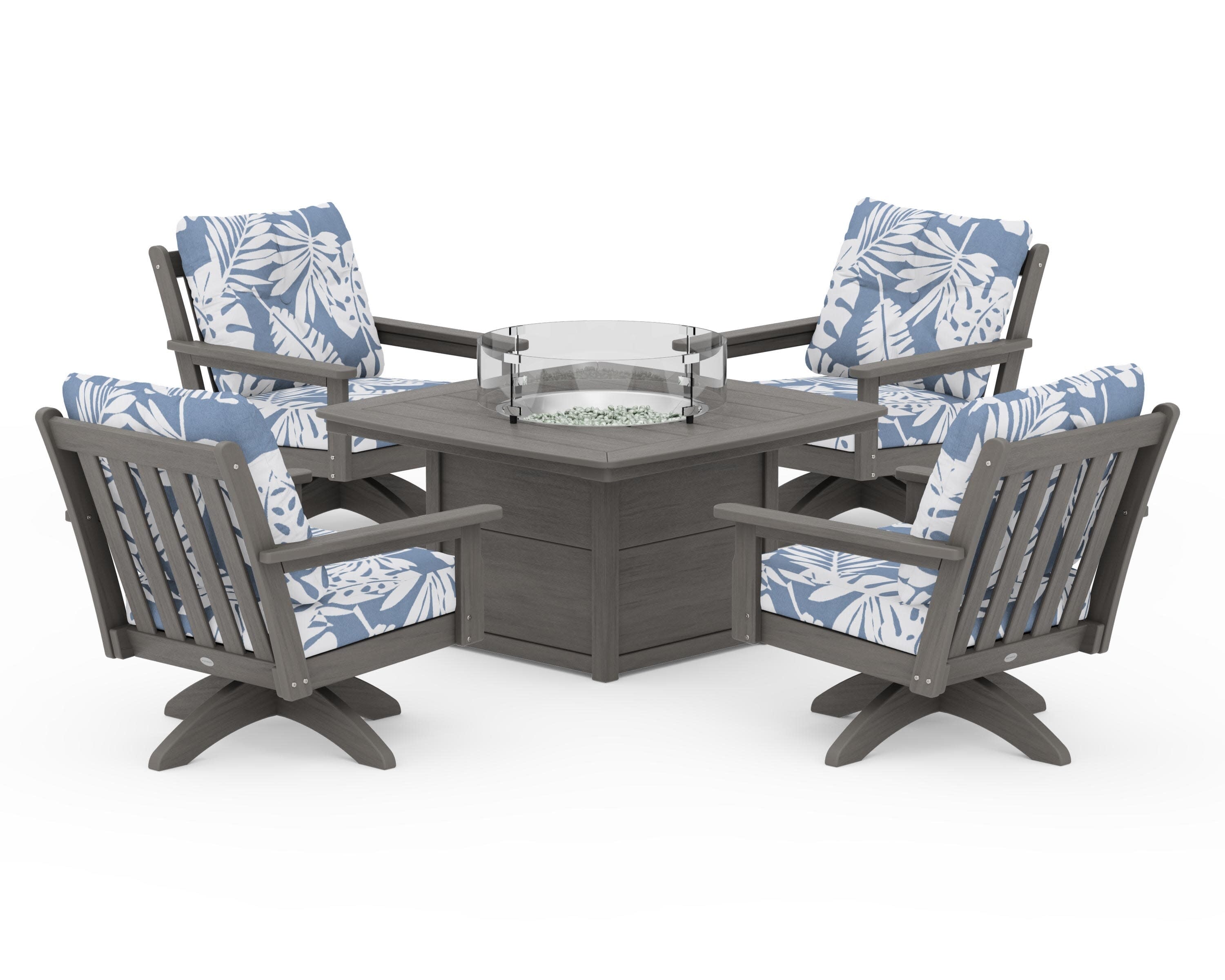 Vineyard 5-Piece Deep Seating Swivel Conversation Set with Fire Pit Table in Driftwood / Leaf Sky Blue