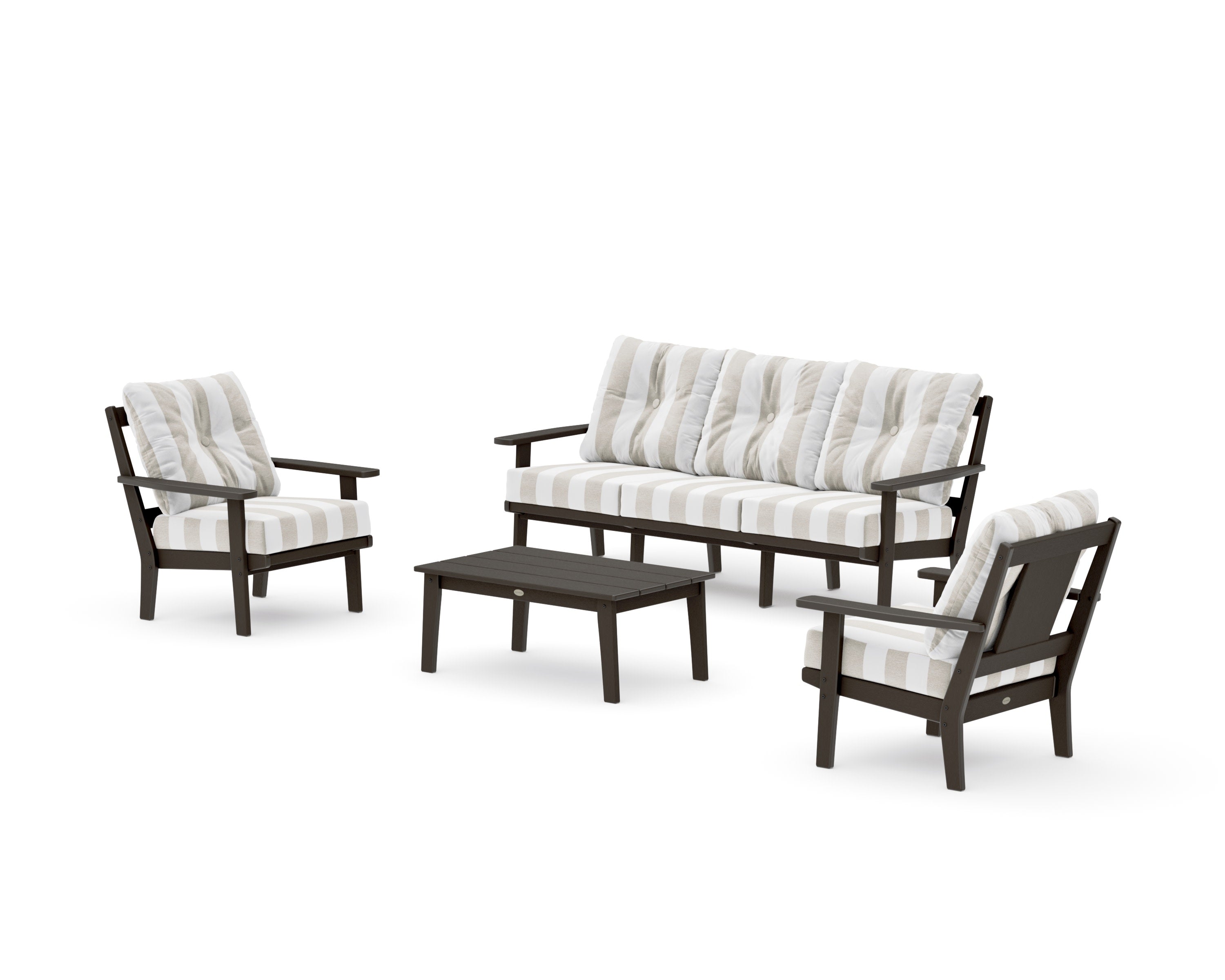 Prairie 4-Piece Deep Seating Set with Sofa in Vintage Coffee / Cabana Stripe Dune Burlap
