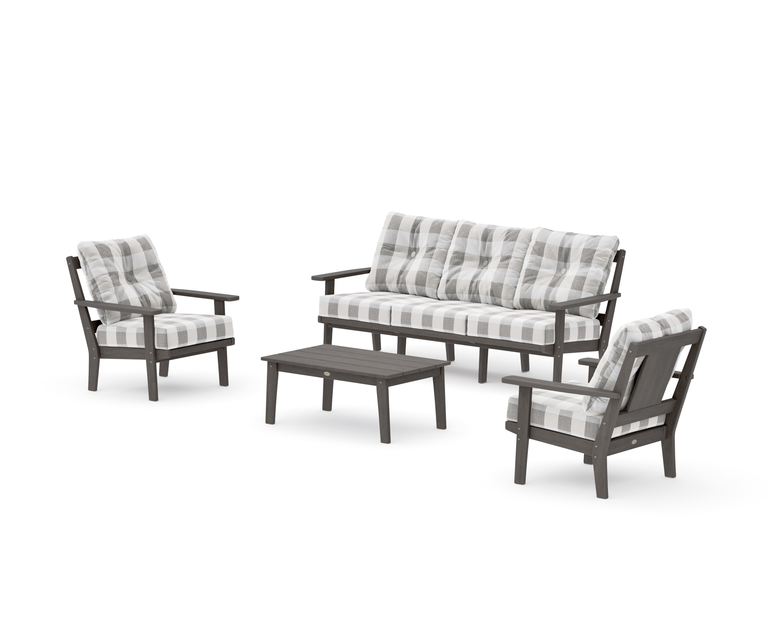 Prairie 4-Piece Deep Seating Set with Sofa in Driftwood / Buffalo Plaid Grey Mist