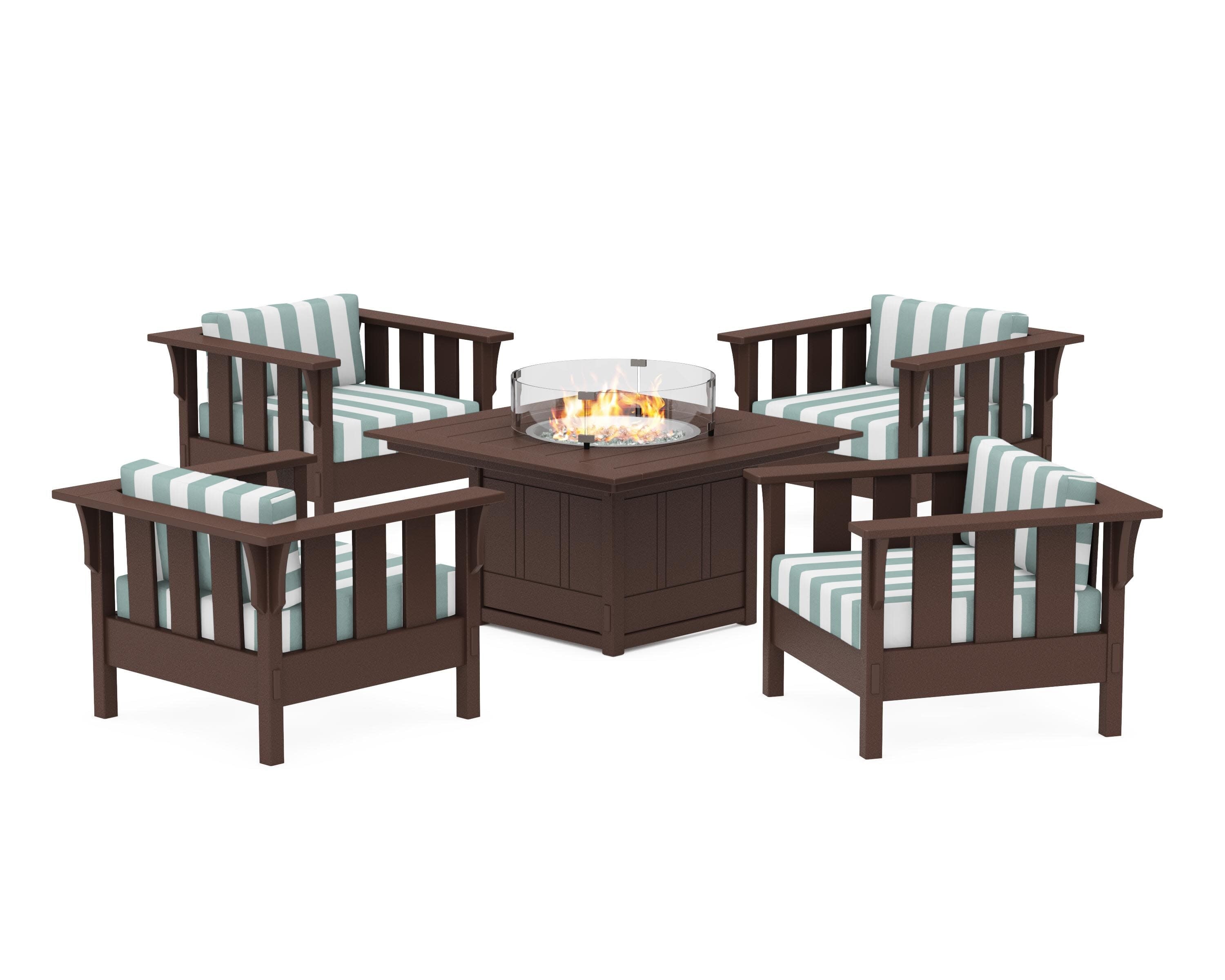 Acadia 5-Piece Deep Seating Set with Fire Pit Table in Mahogany / Cabana Stripe Glacier Spa