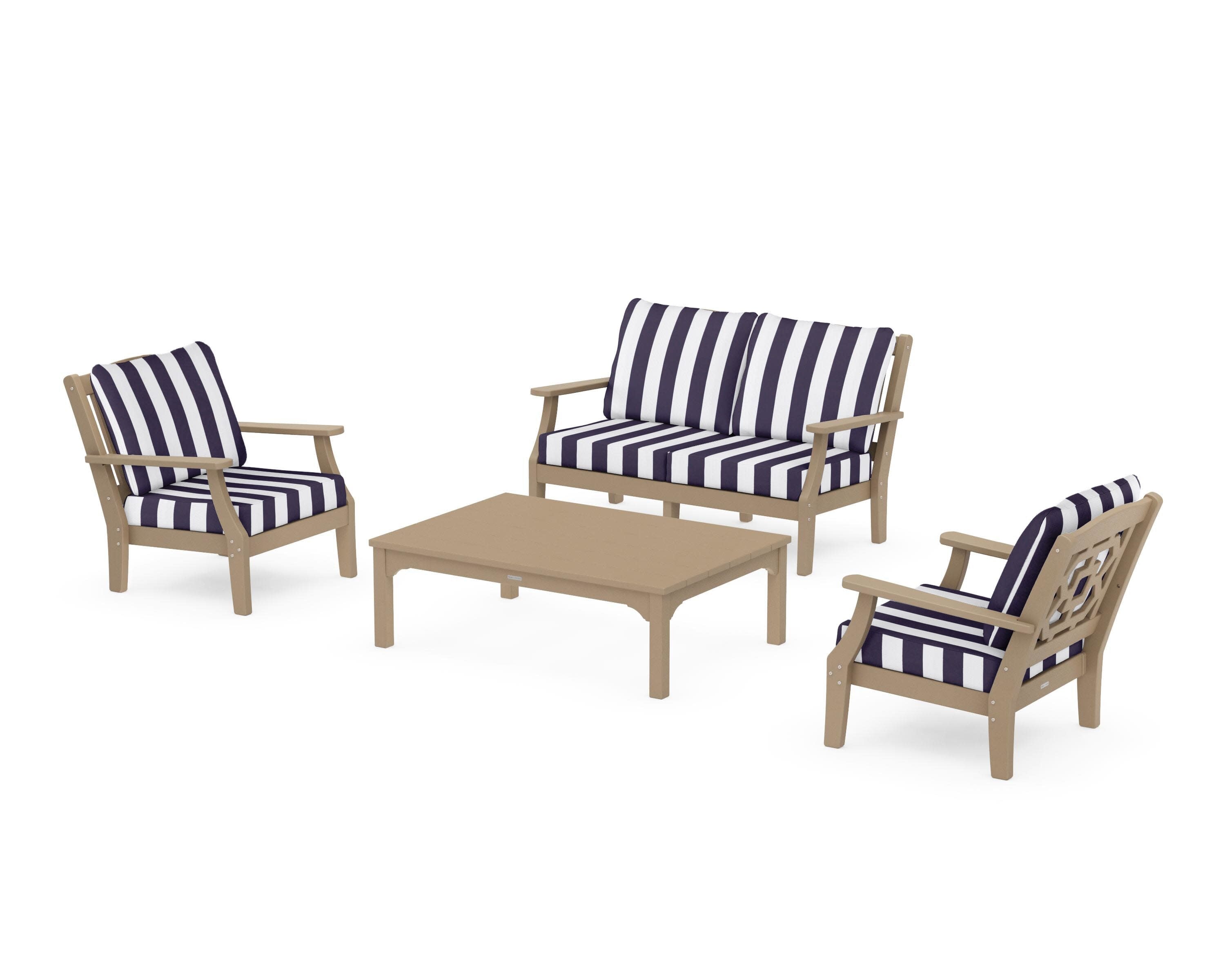 Chinoiserie 4-Piece Deep Seating Set with Loveseat in Vintage Sahara / Cabana Stripe Navy