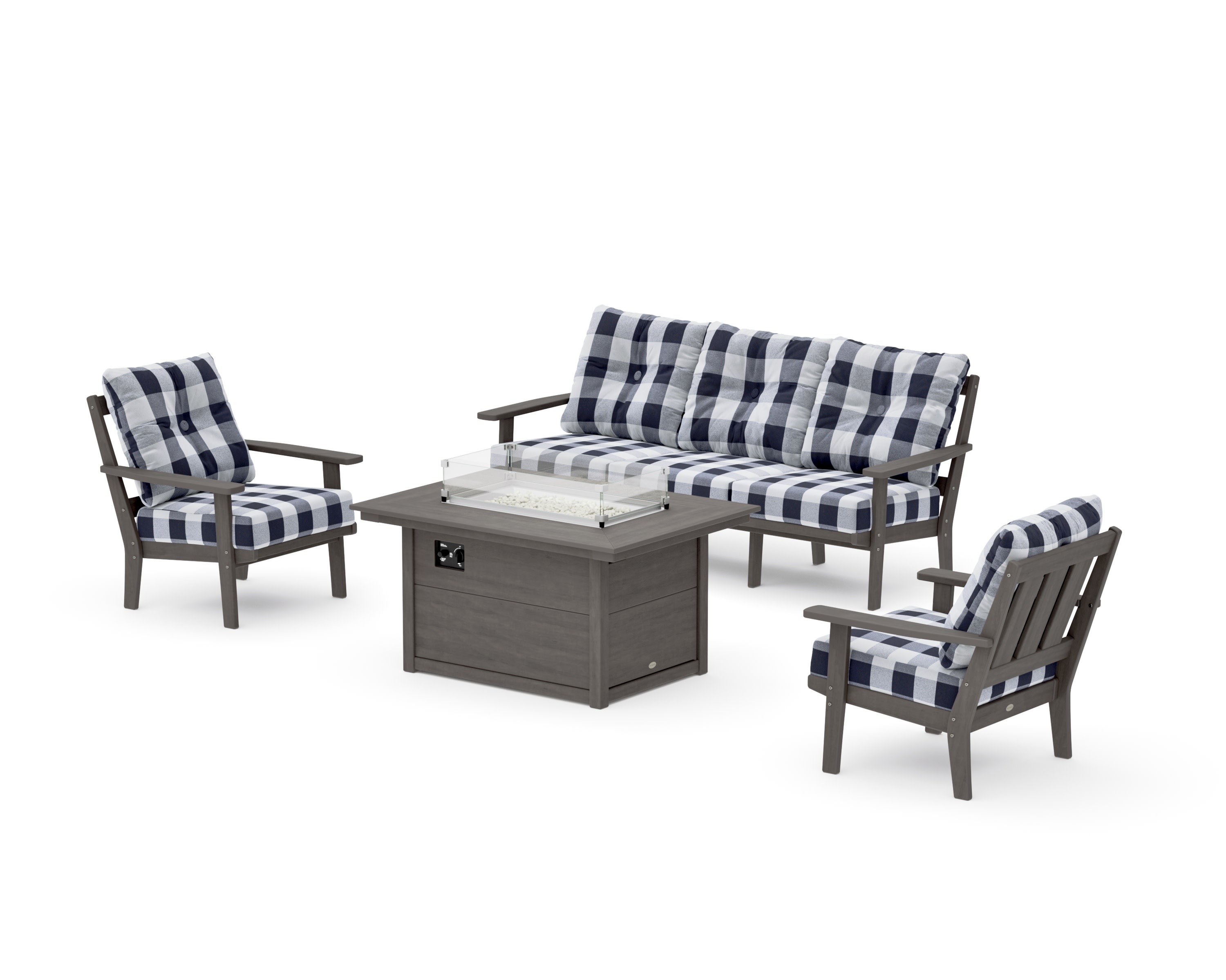 Oxford Deep Seating Fire Pit Table Set in Driftwood / Buffalo Plaid Navy