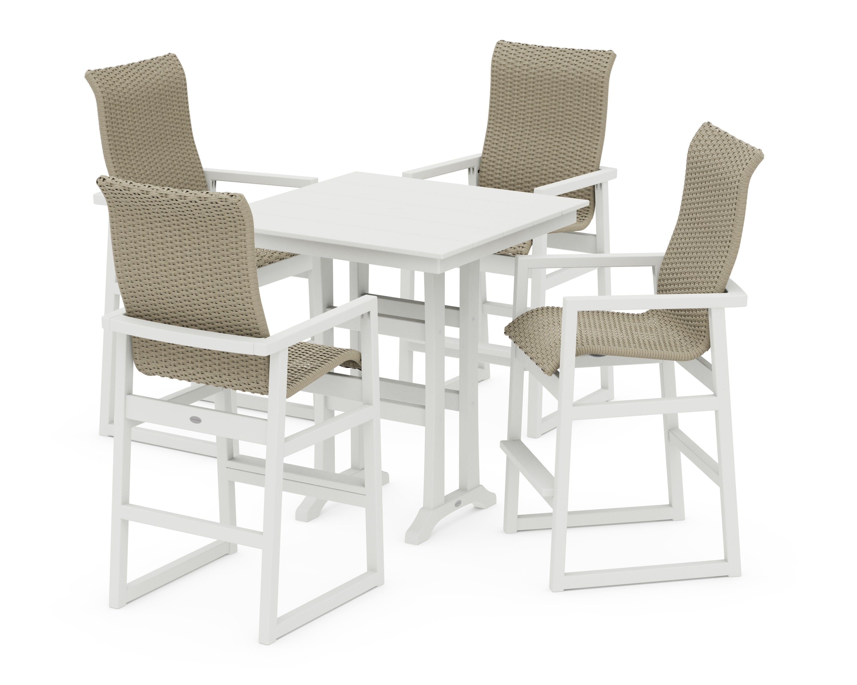 EDGE Woven Highback 5-Piece Farmhouse Bar Set with Trestle Legs in Vintage White / Dune Grass
