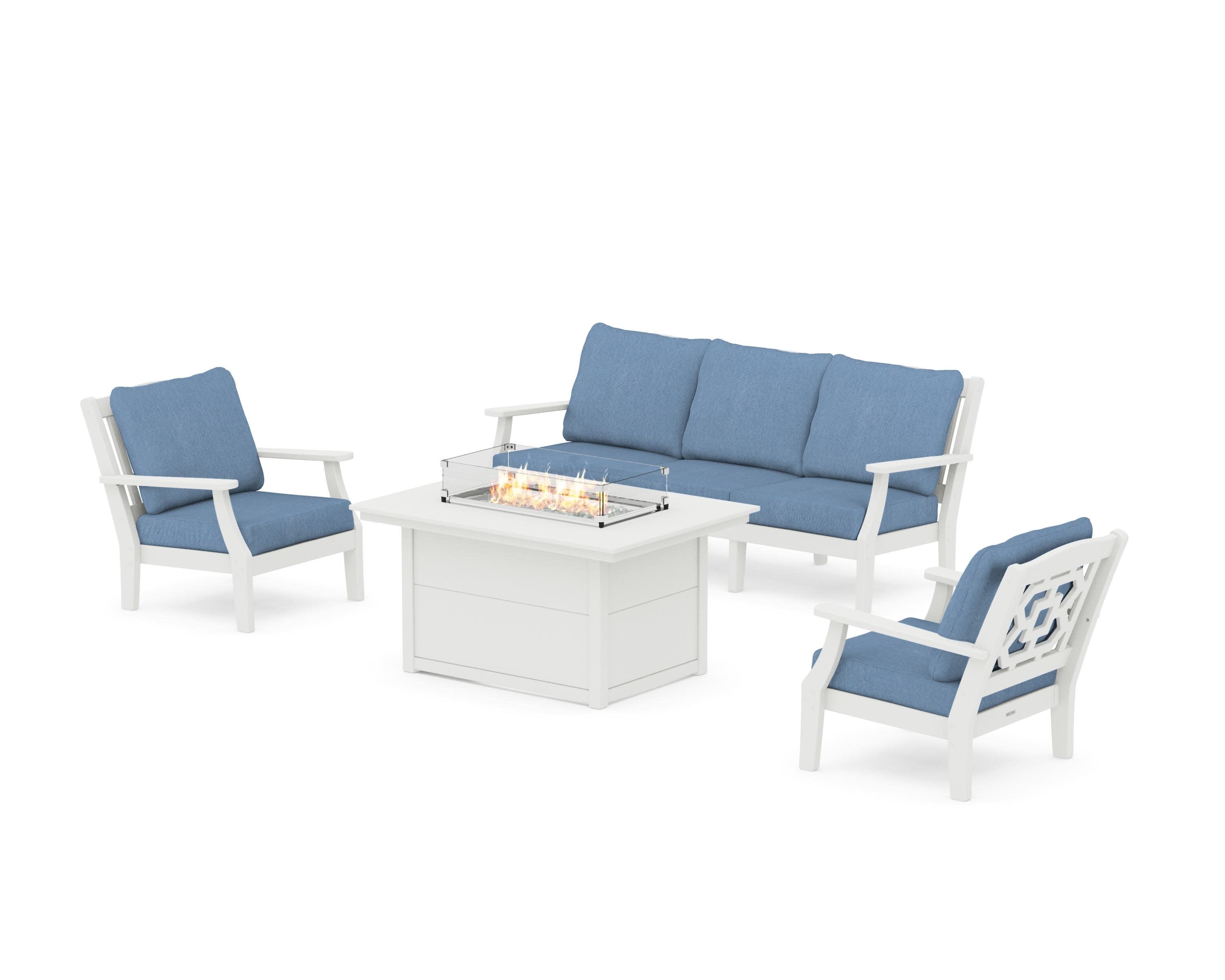 Chinoiserie Deep Seating Fire Pit Table Set in Vintage White / Sky Blue