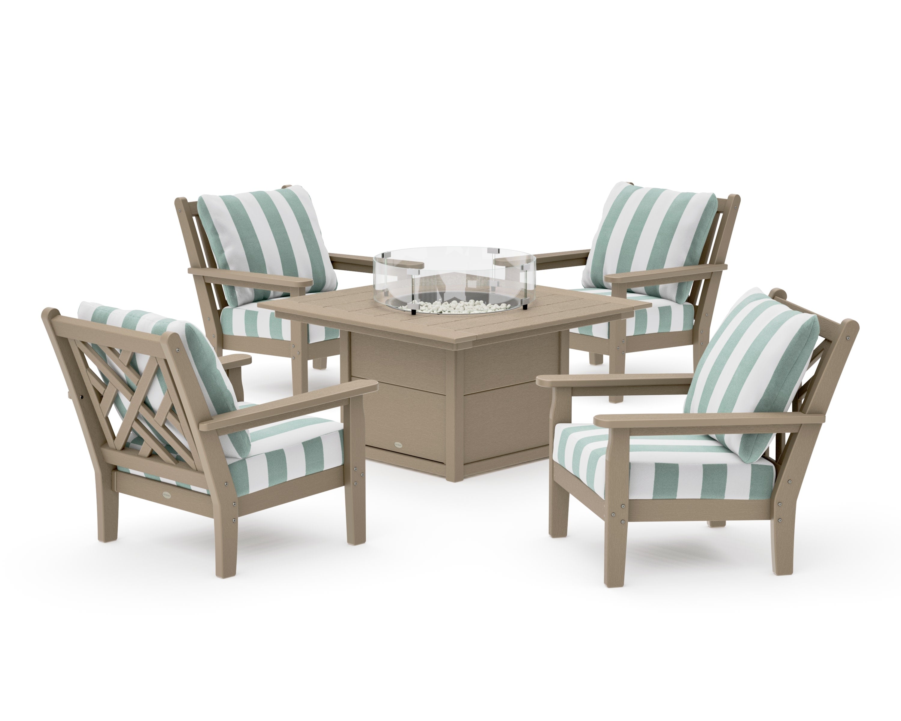 Chippendale 5-Piece Deep Seating Set with Fire Pit Table in Vintage Sahara / Cabana Stripe Glacier Spa