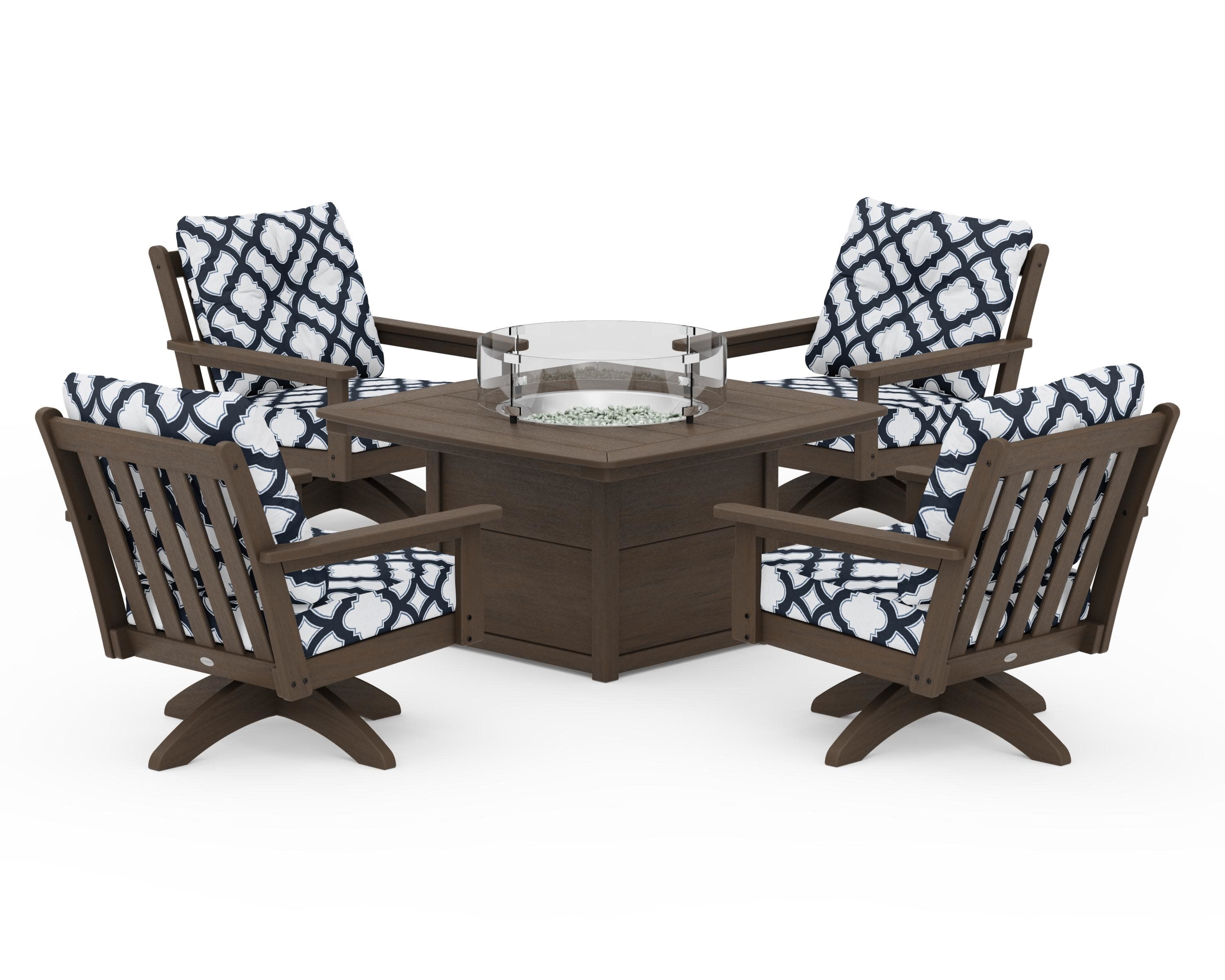 Vineyard 5-Piece Deep Seating Swivel Conversation Set with Fire Pit Table in Kona / Trellis Marine Indigo