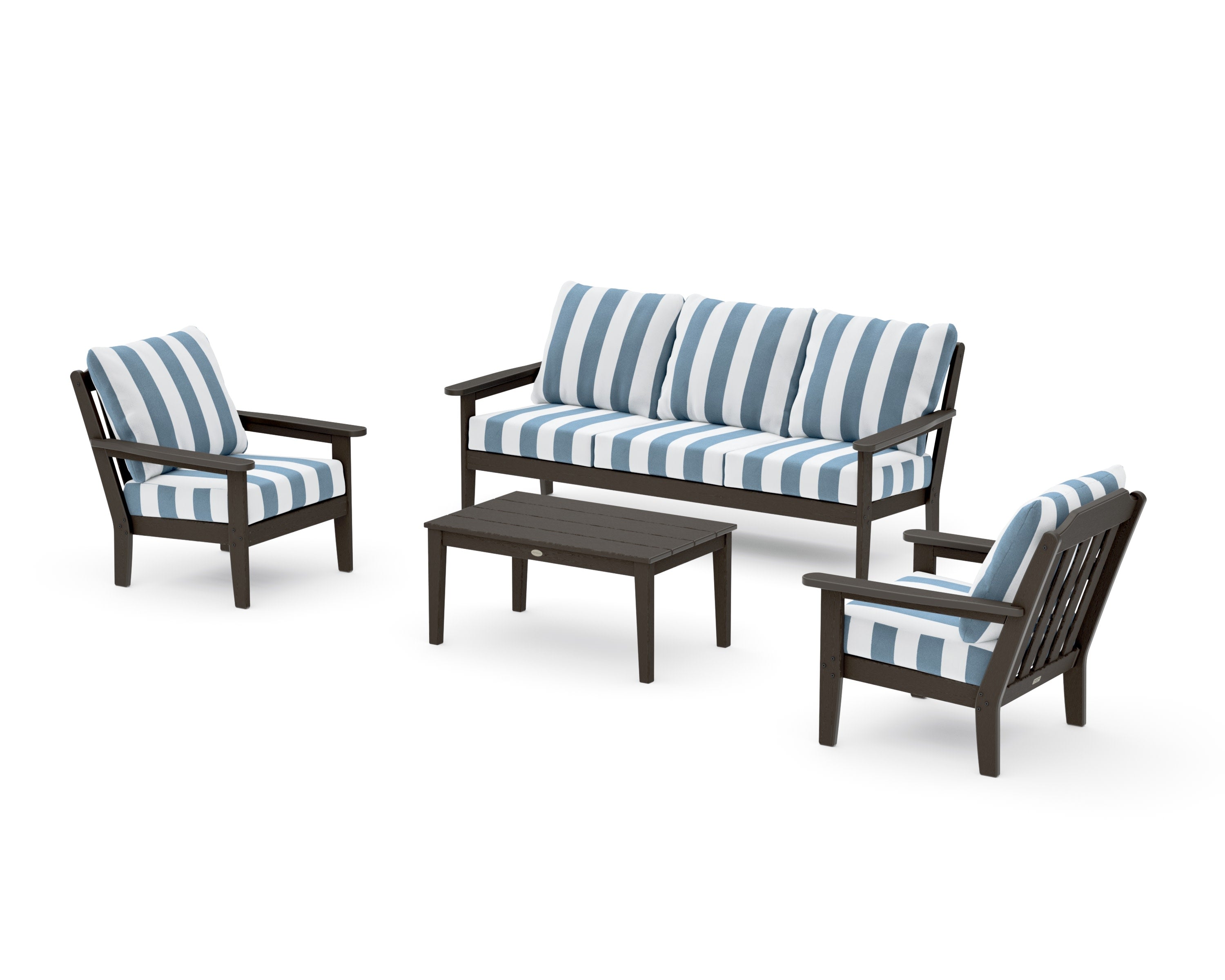Cottage 4-Piece Deep Seating Set with Sofa in Vintage Coffee / Cabana Stripe Sky Blue