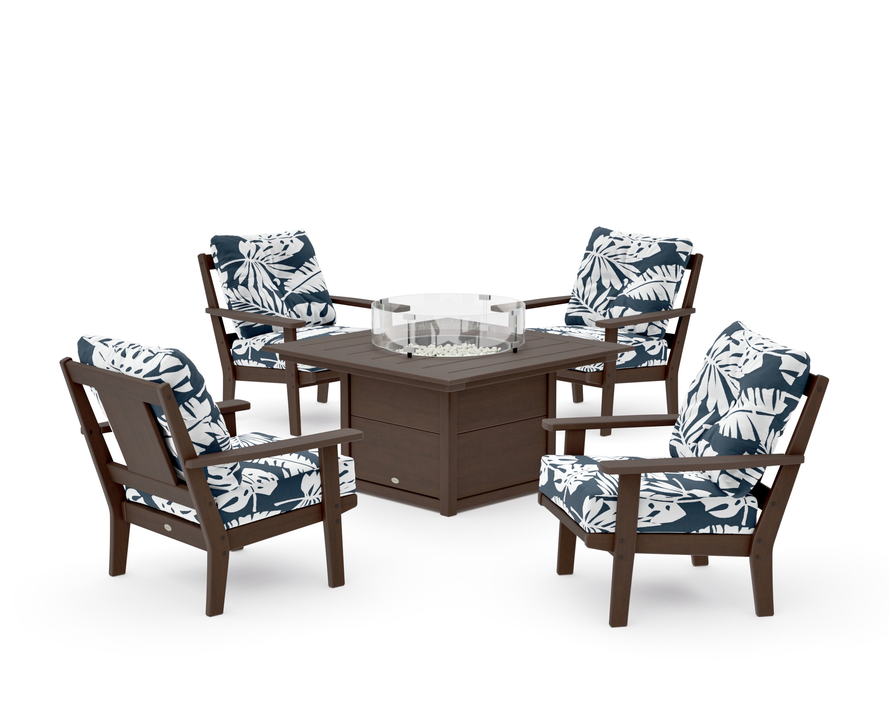 Prairie 5-Piece Deep Seating Set with Fire Pit Table in Kona / Leaf Marine Indigo