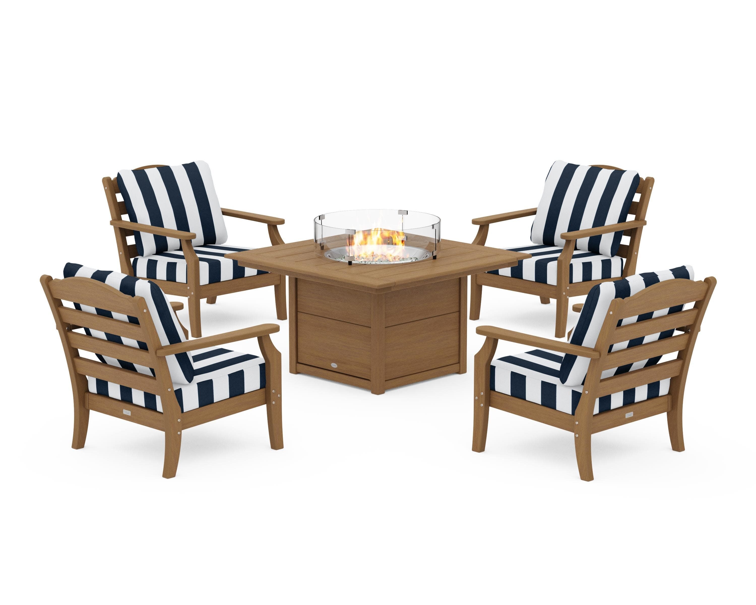 Savannah 5-Piece Deep Seating Set with Fire Pit Table in Natural / Cabana Stripe Marine Indigo