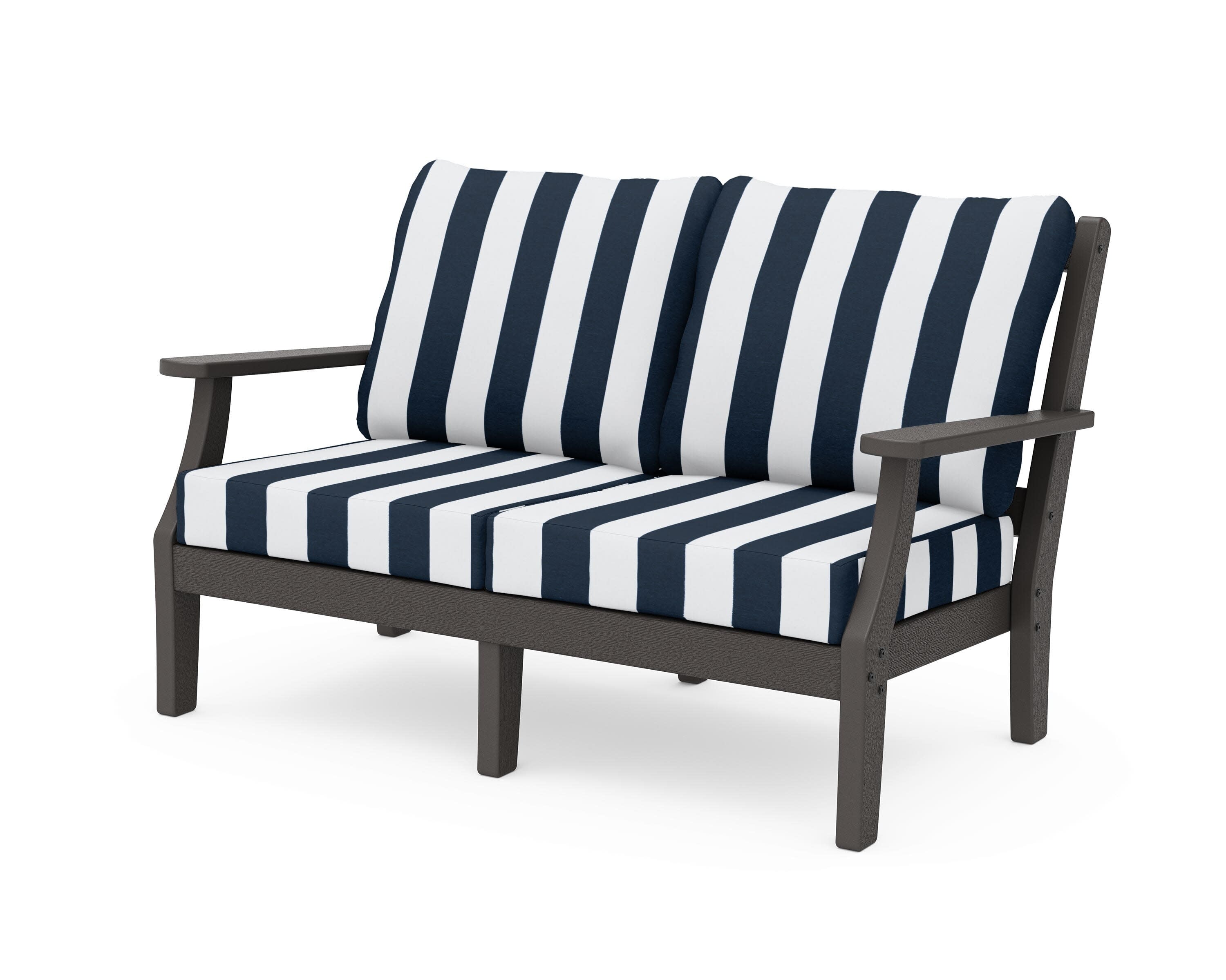 Chinoiserie Deep Seating Loveseat in Vintage Coffee / Cabana Stripe Marine Indigo