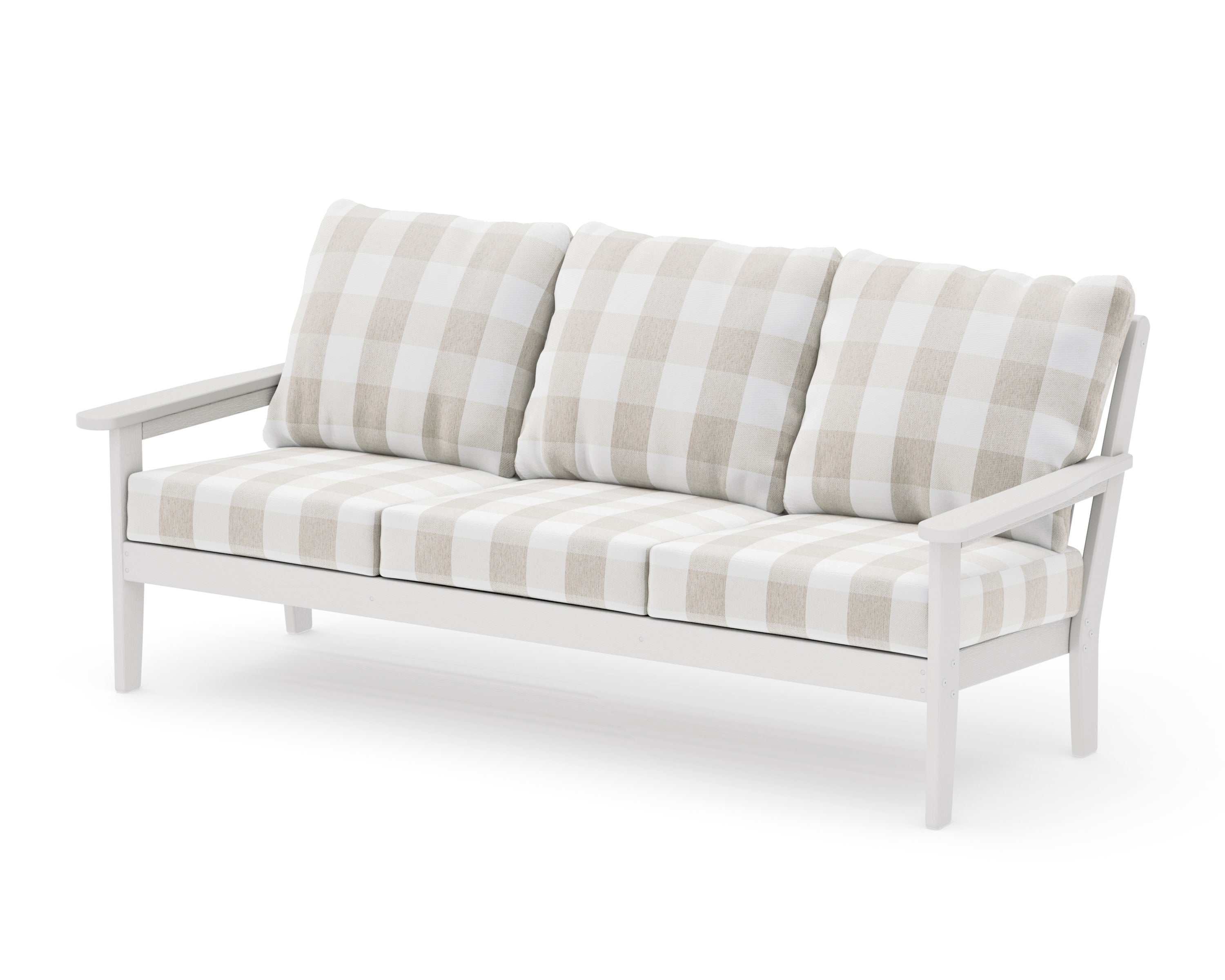 Cottage Deep Seating Sofa in Vintage White / Buffalo Plaid Dune Burlap