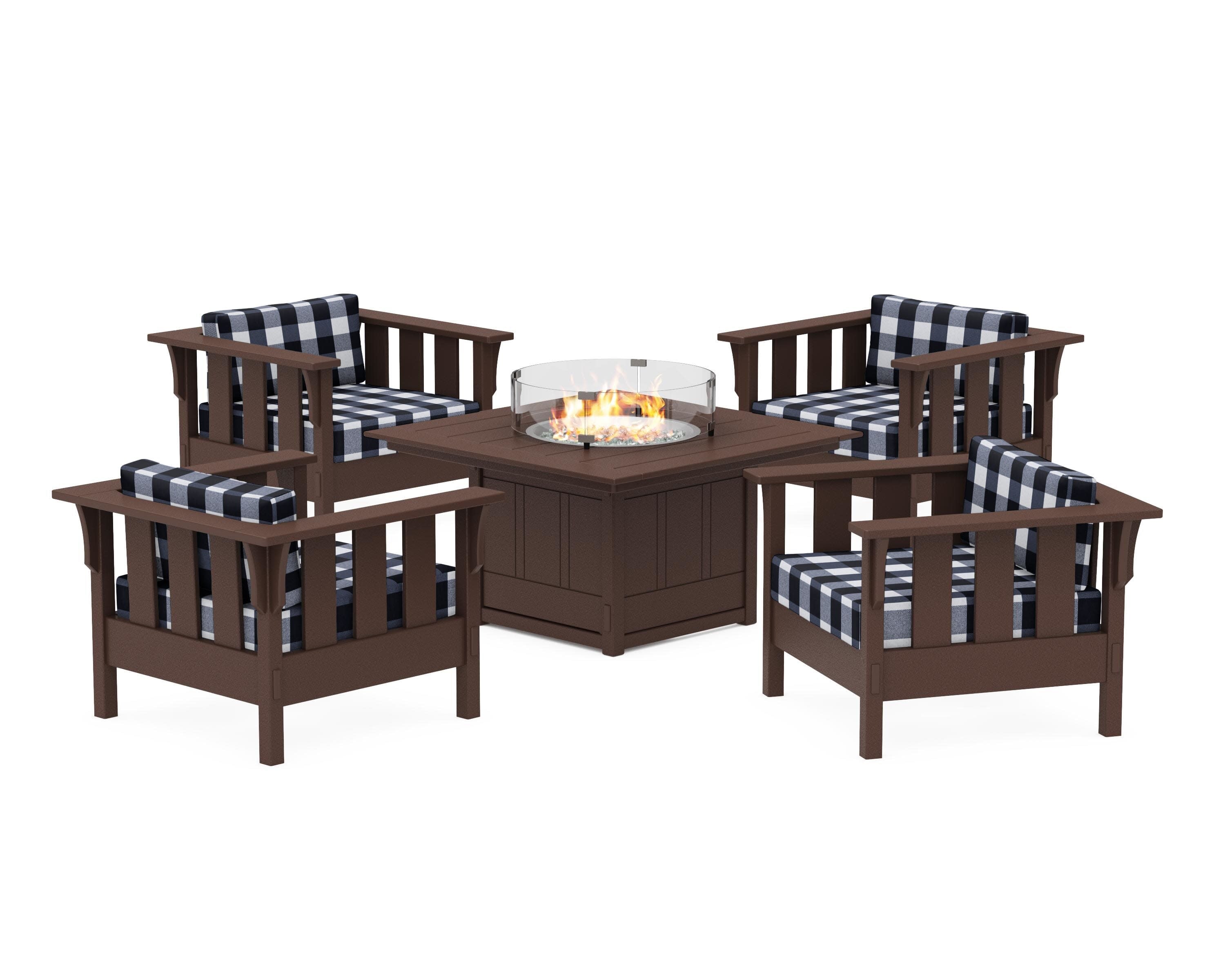 Acadia 5-Piece Deep Seating Set with Fire Pit Table in Mahogany / Buffalo Plaid Marine Indigo