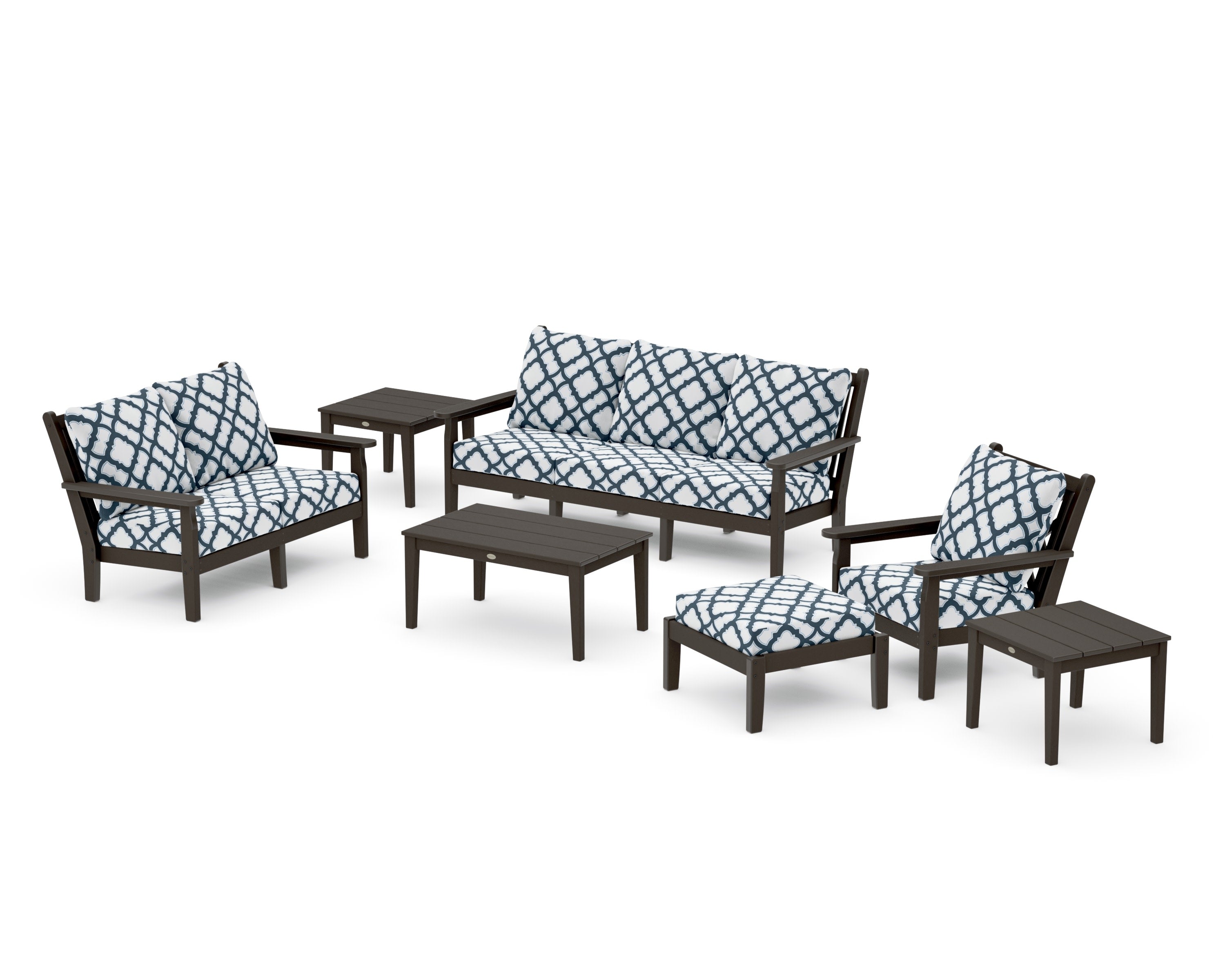 Chippendale 7-Piece Deep Seating Set in Vintage Coffee / Trellis Marine Indigo