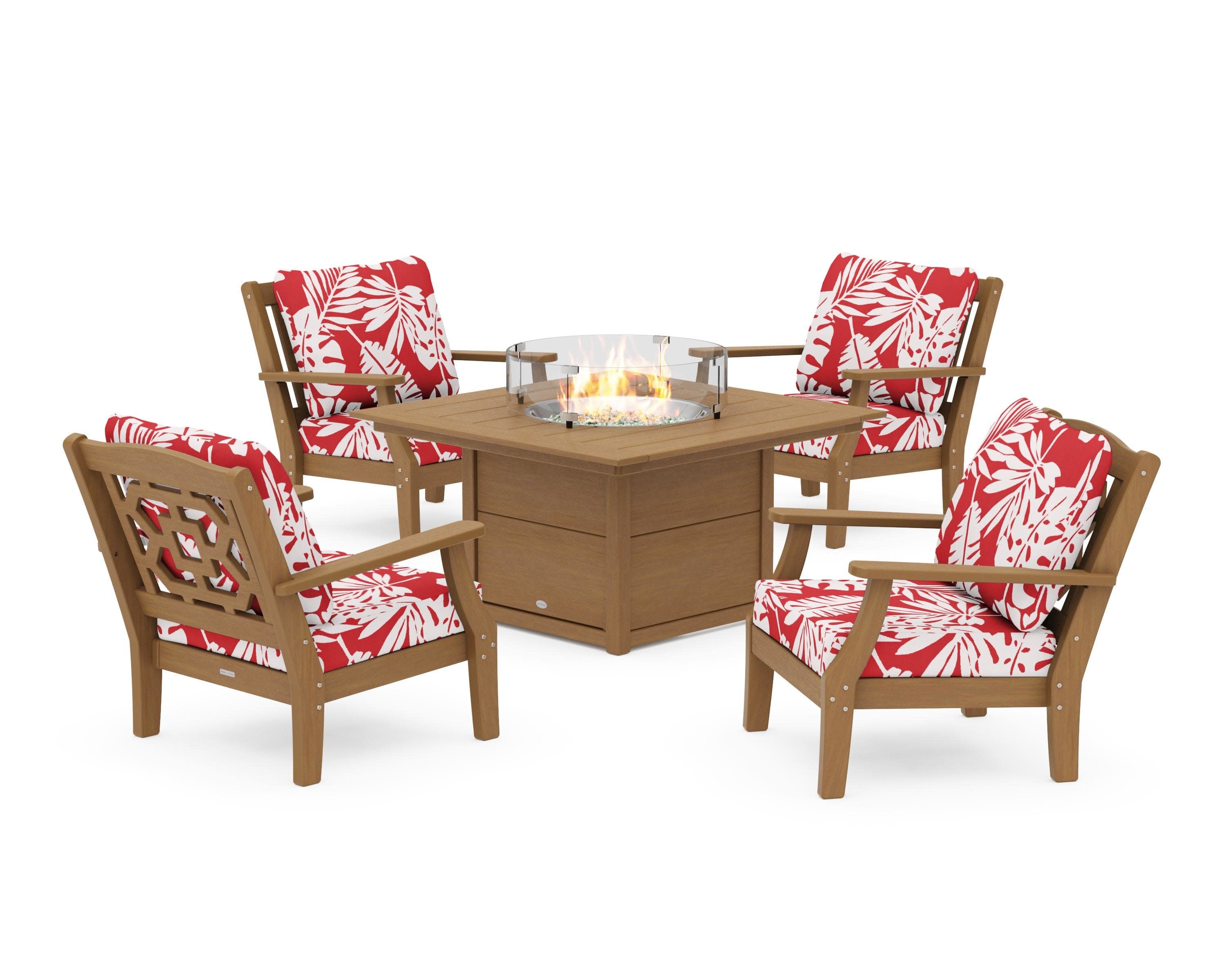 Chinoiserie 5-Piece Deep Seating Set with Fire Pit Table in Natural / Leaf Crimson