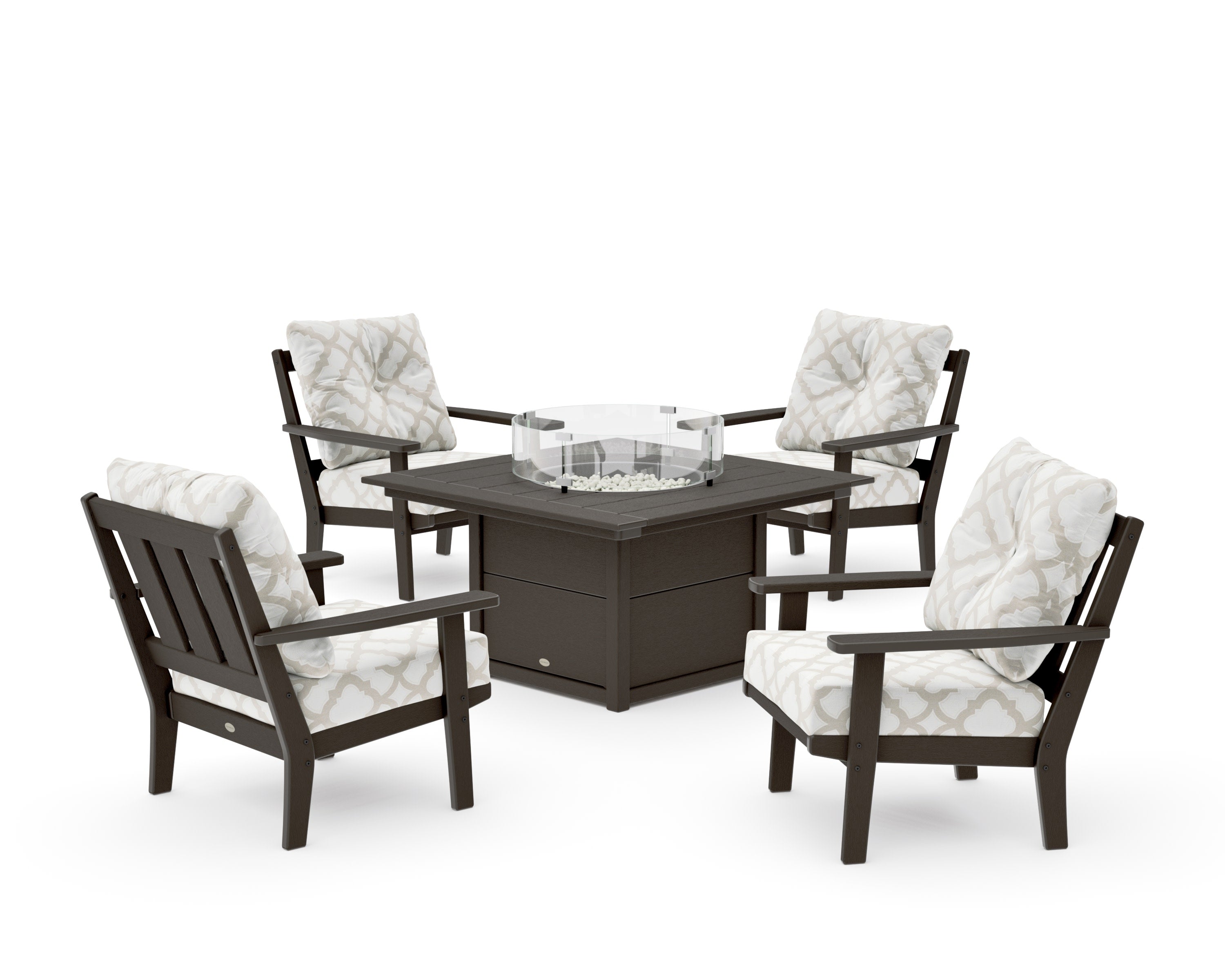 Oxford 5-Piece Deep Seating Set with Fire Pit Table in Vintage Coffee / Trellis Dune Burlap