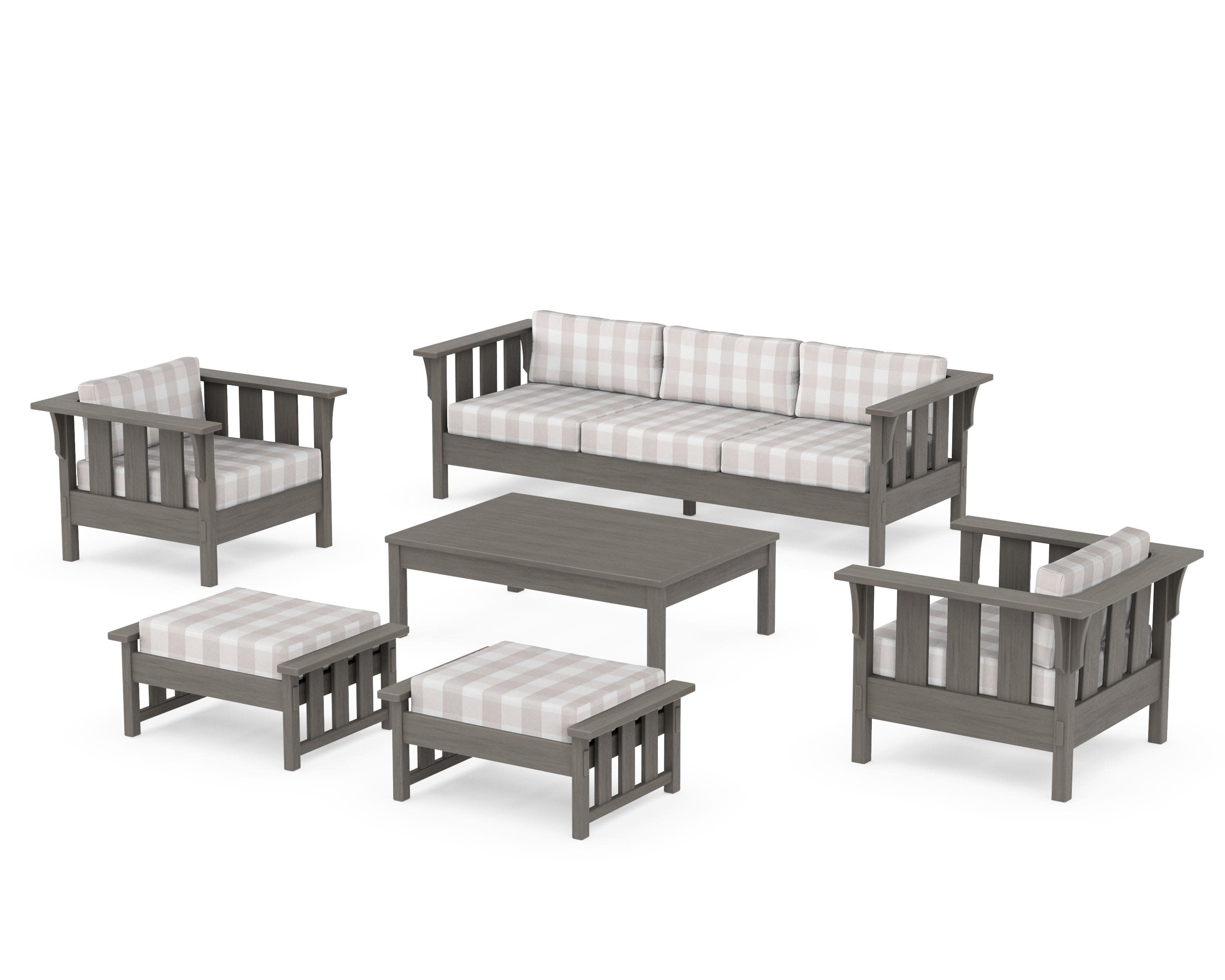 Acadia 6-Piece Lounge Sofa Set in Driftwood / Buffalo Plaid Dune Burlap