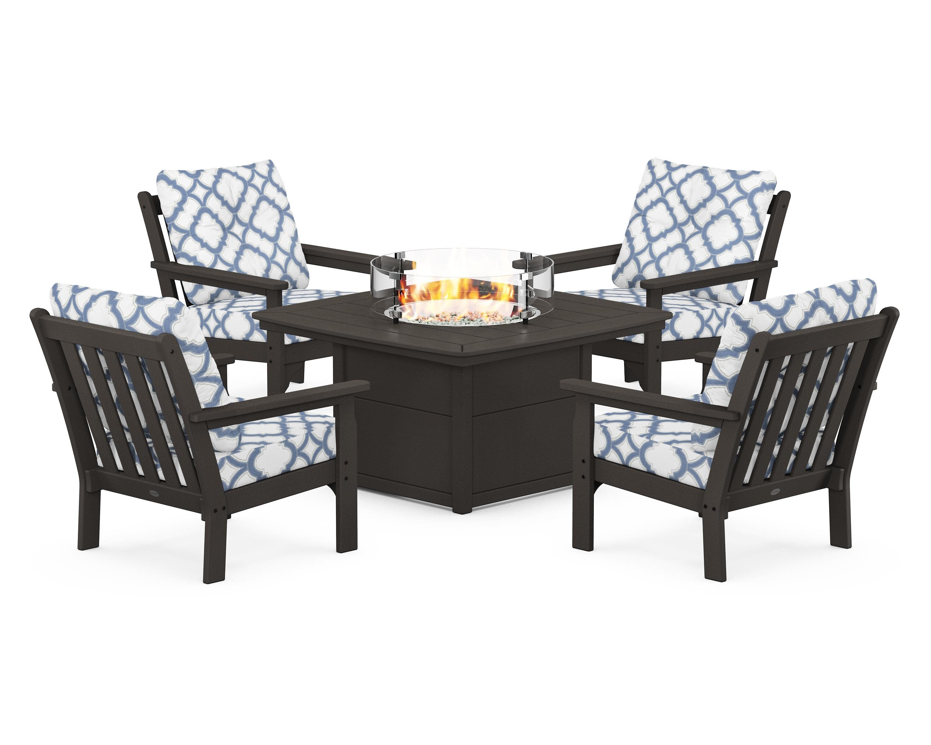 Vineyard 5-Piece Conversation Set with Fire Pit Table in Vintage Coffee / Trellis Sky Blue