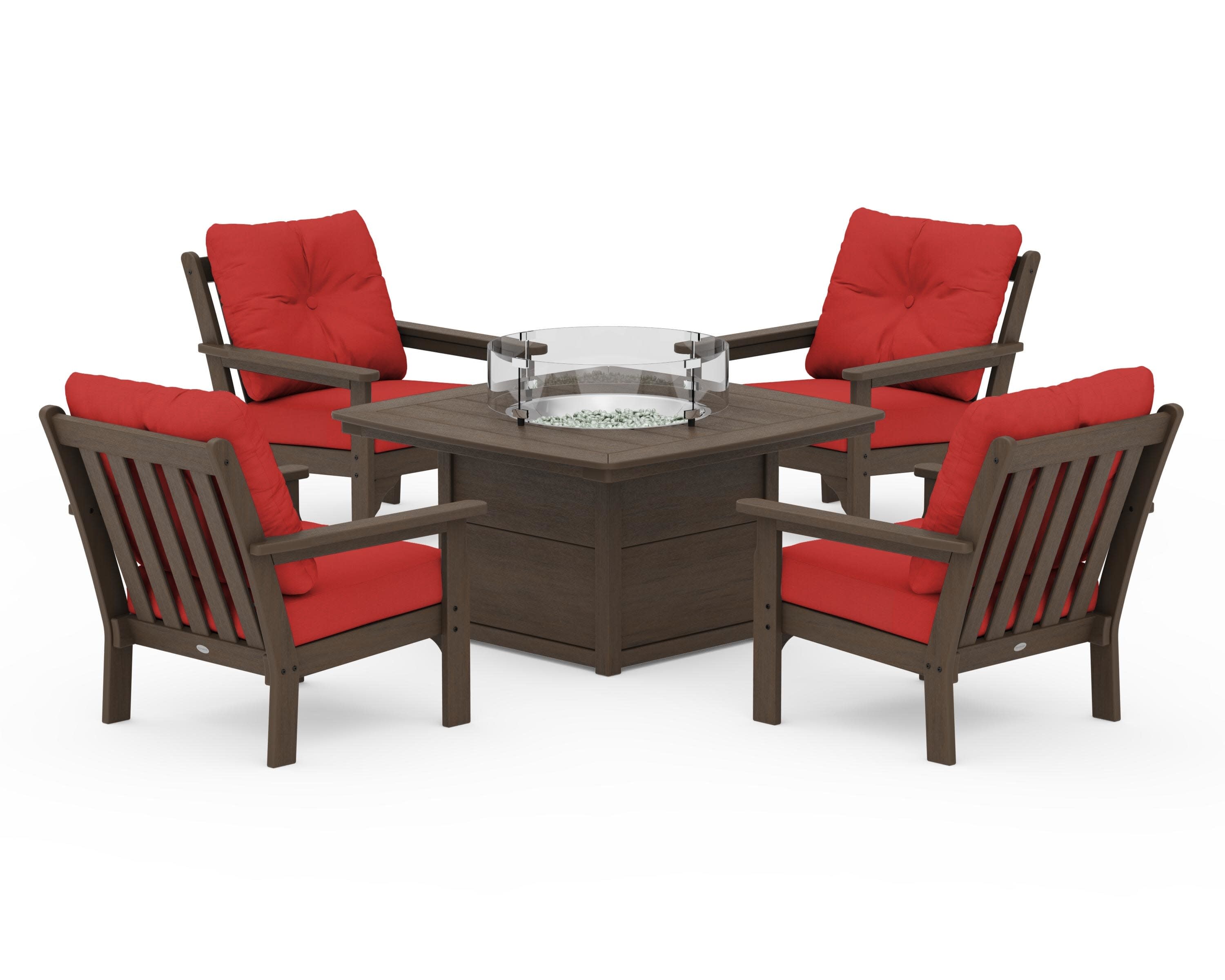 Vineyard 5-Piece Conversation Set with Fire Pit Table in Kona / Crimson Linen