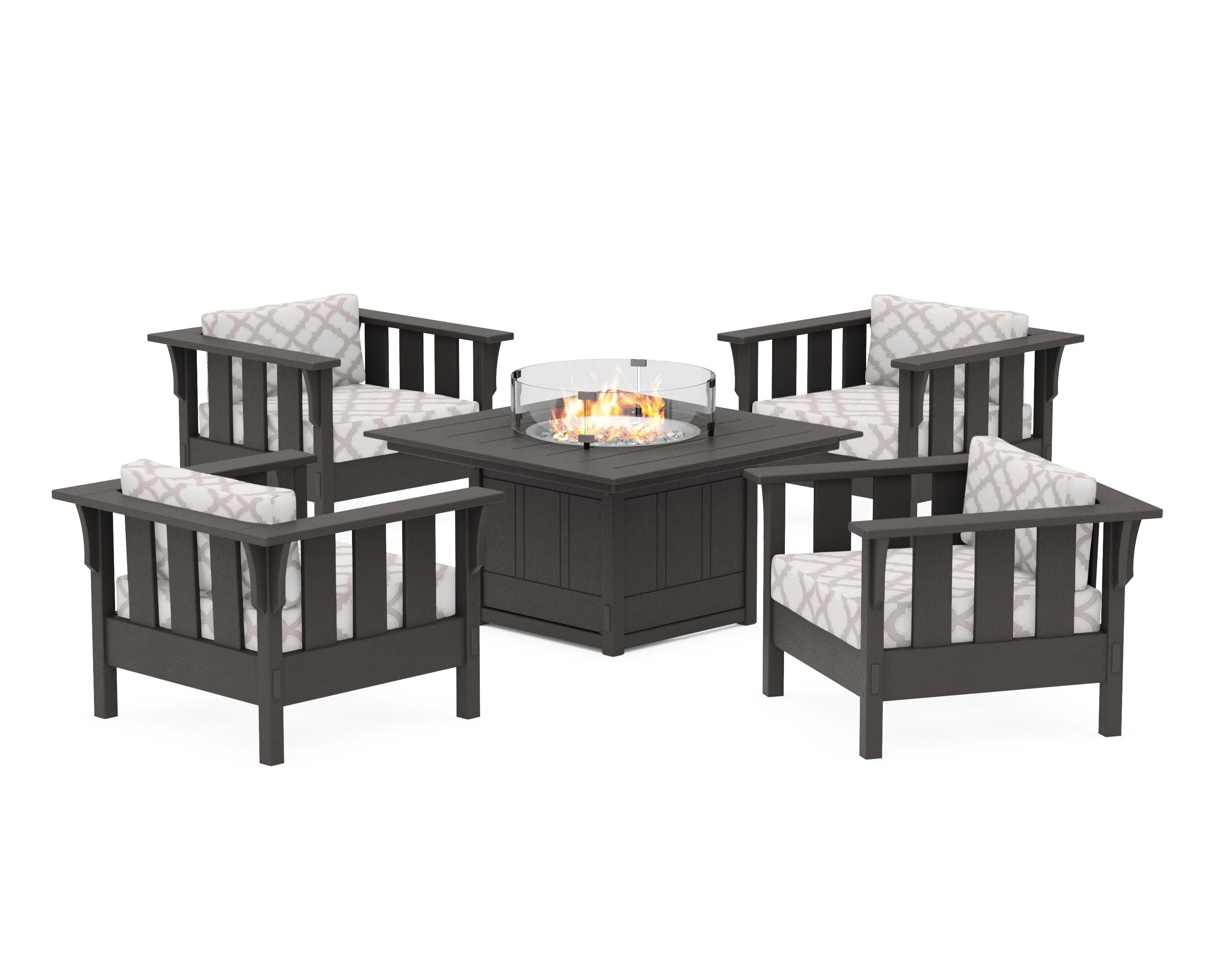 Acadia 5-Piece Deep Seating Set with Fire Pit Table in Vintage Coffee / Trellis Dune Burlap